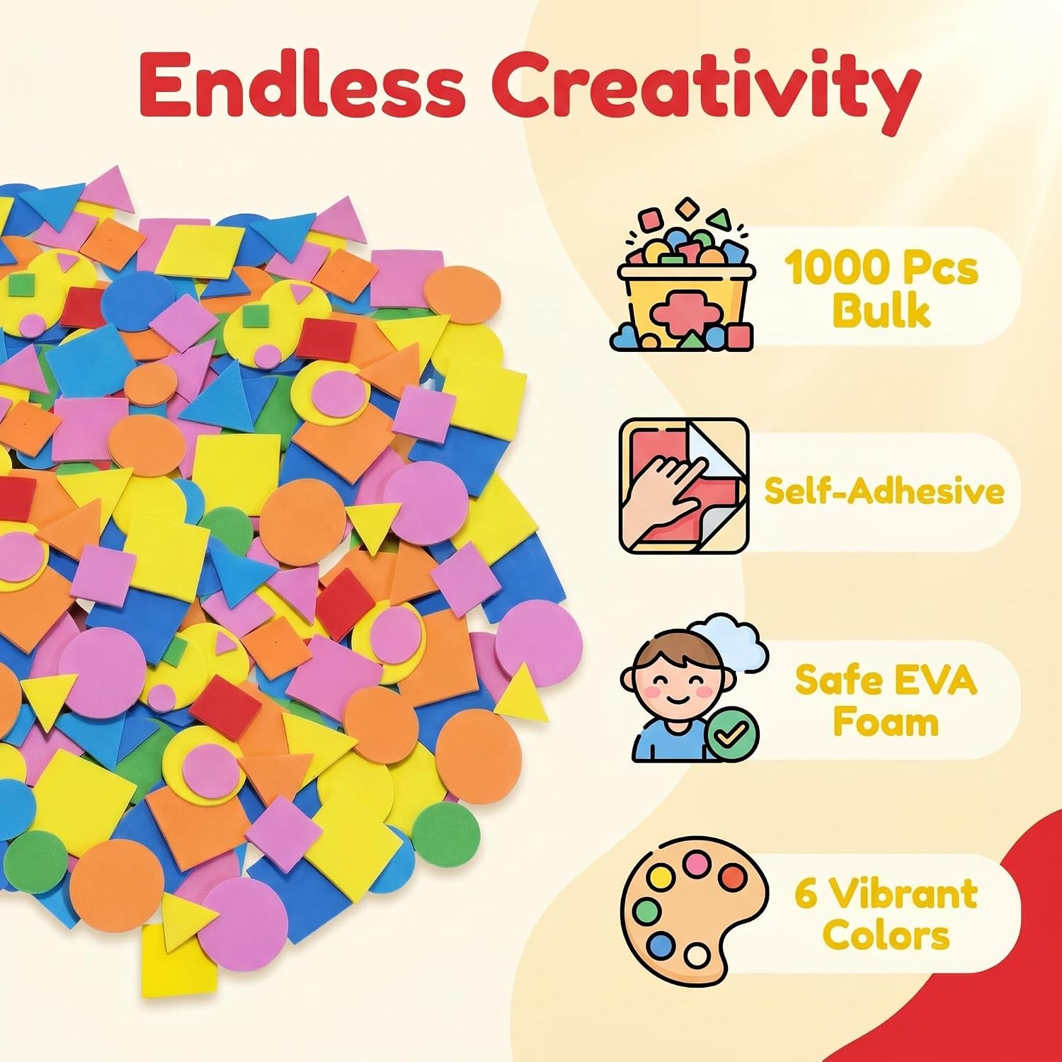 Foam Shapes for Crafts About 1000Pcs, Self-Adhesive EVA Foam Geometric Shapes Bulk Set, 3D Stickers Assorted Sizes for Classroom Art Projects & DIY Decorations