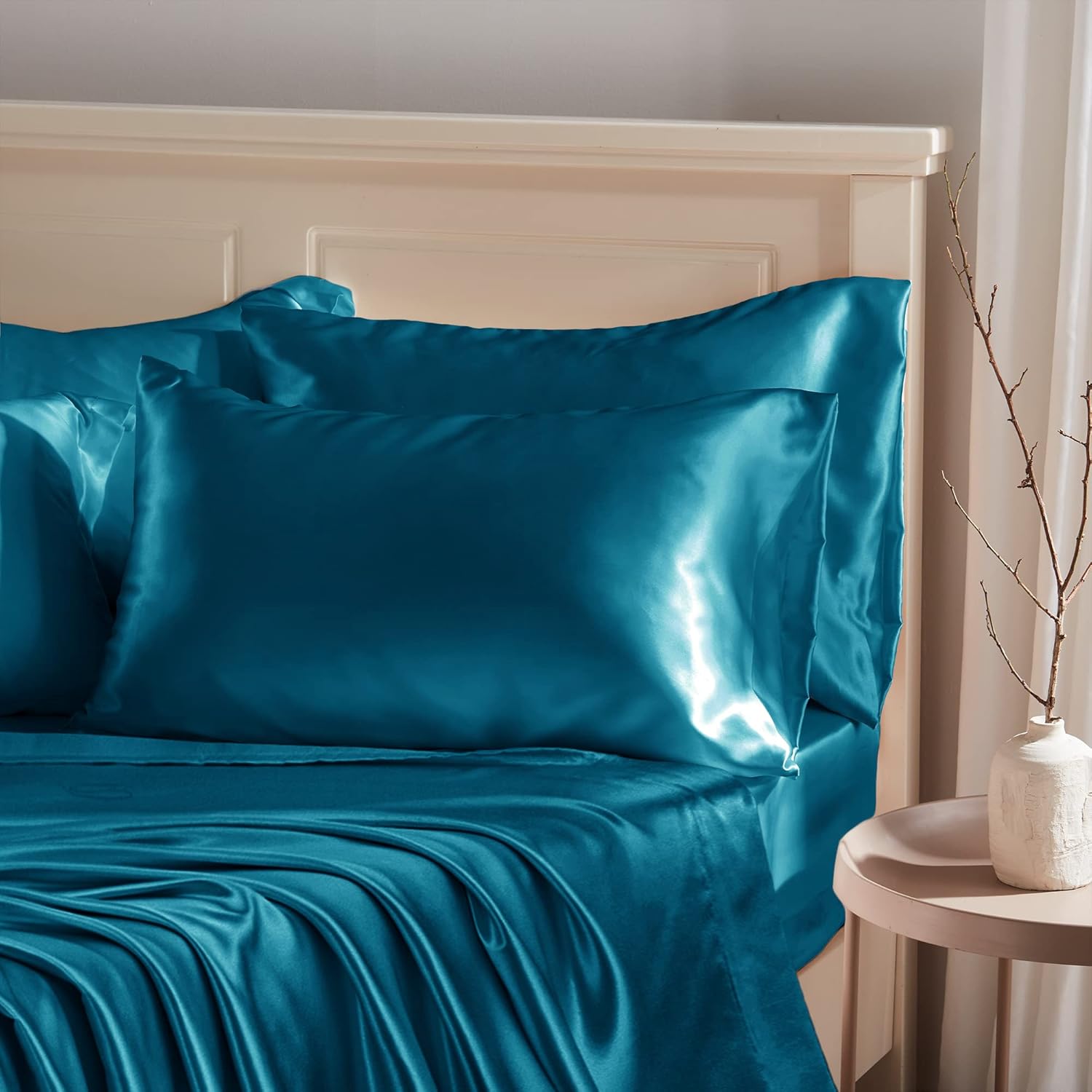 Manyshofu Teal Satin Pillowcase for Hair Protection 2Pcs Queen Pillow Cases, Luxury