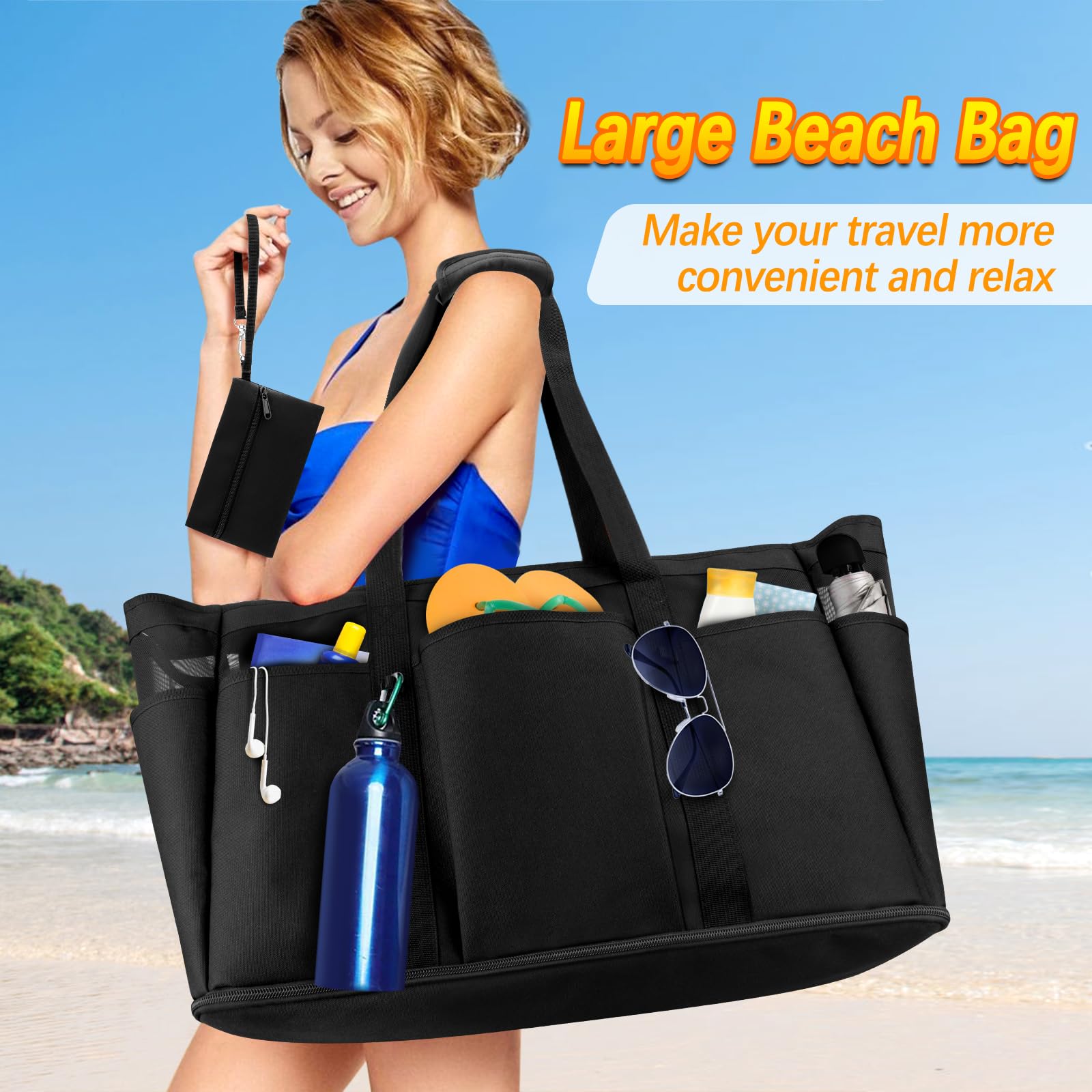 Grande Sac de Plage XXL Famille 45L Pliable 50x35x20cm Multi-Poche Nylon avec Fermeture Éclair et Poche Intérieure - Rangement pour Jouets, Courses, Voyage Weekend (Noir)