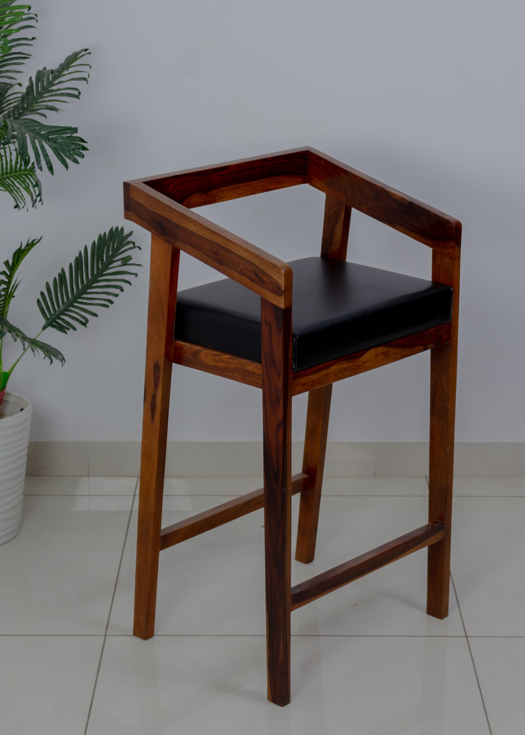 WOODMAZE Sheesham Wood Bar Chair With Cushioned Seat For Home Kitchen Counter Stool (Walnut Finish) Size- 56D* 46W*102H Cm (Brown)-image-4