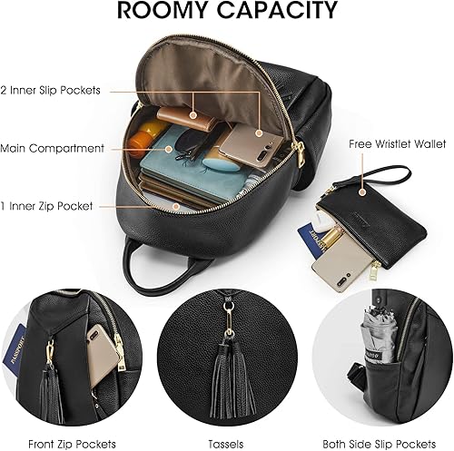 Vista 4 de Kattee Mochila de cuero genuino para mujer, suave, casual, bolsa de viaje de moda con cartera de muñeca, Negro