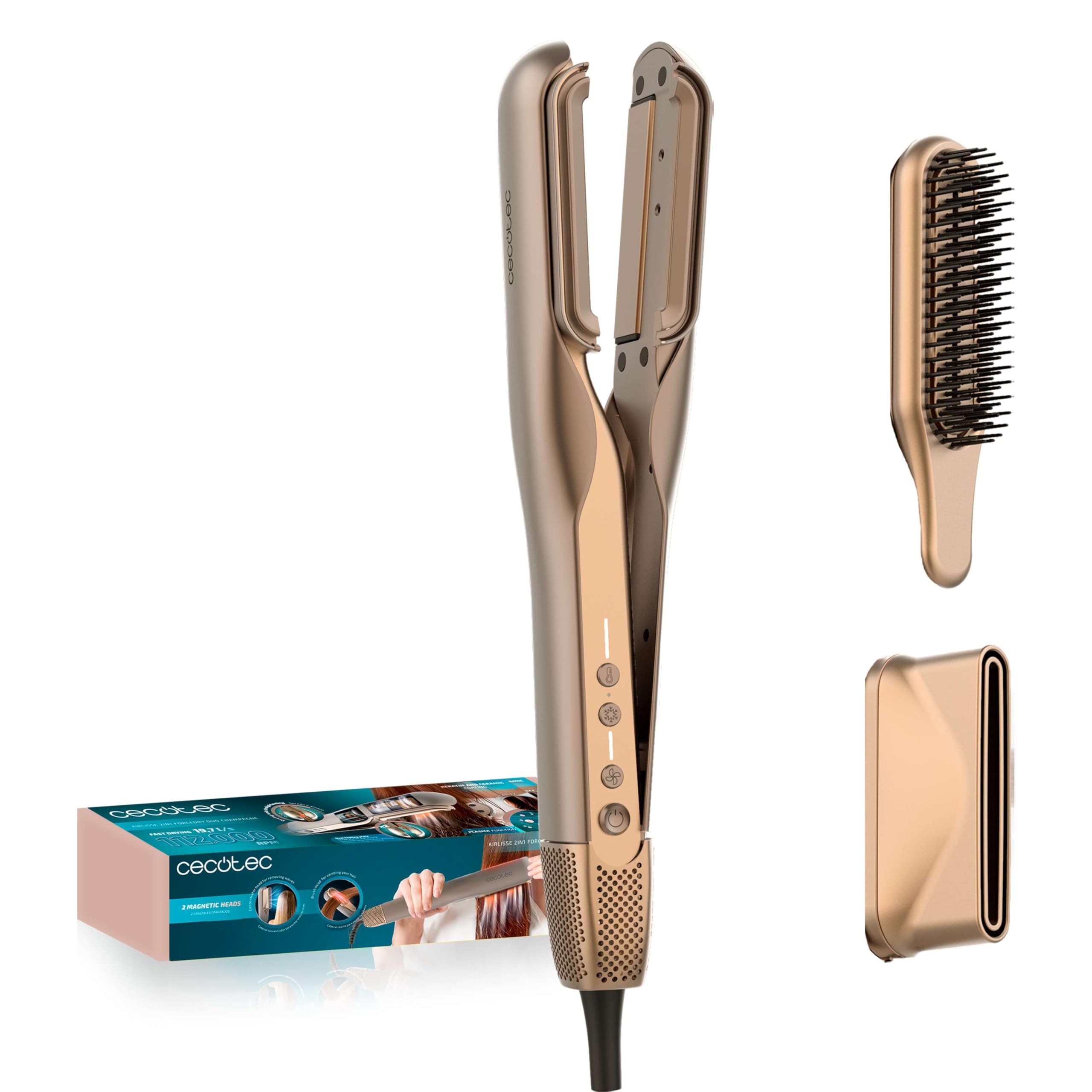 Cecotec AirLisse 2w1 ForceDry Duo prostownica do włosów, podwójna płyta grzewcza, 2 akcesoria, 1000 W, 112 000 obr./min, 3 tryby, przepływ powietrza 13 m/s, silnik bezszczotkowy, funkcja plazmowa