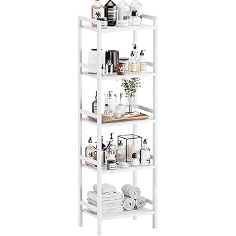 HITNET Standing Shelf White Bookcase with 5 Levels Bathroom Bamboo Shelf Standing with Adjustable Shelves Freestanding Storage Shelf for Bedroom Living Room Kitchen