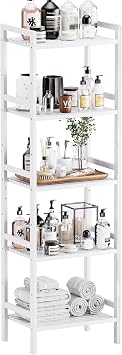 HITNET White Bamboo Bookshelf, Tall Narrow Bookcase 5-Tier Freestanding Bathroom Storage Shelf, Space Saving Plant Display Stand with Adjustable Shelves