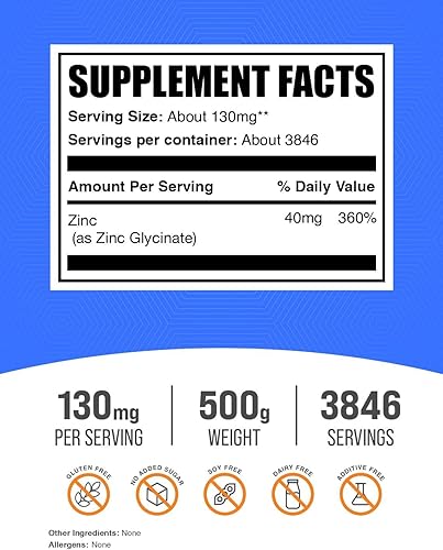 Miniatura 7 de BulkSupplements. com Polvo de glicinato de zinc - Suplemento de zinc, zinc 40 mg, suplemento de glicinato de zinc para apoyo inmunológico - Sin