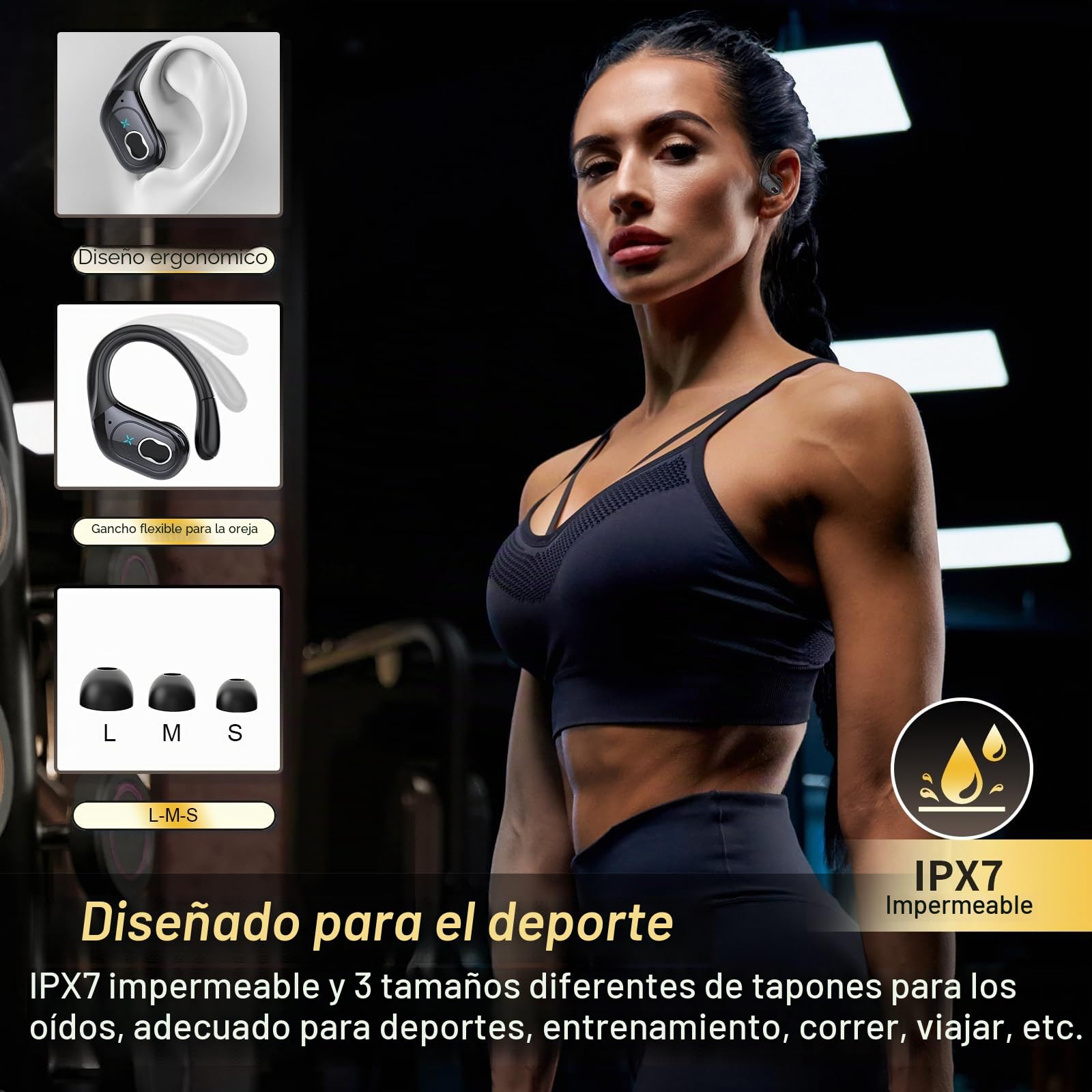 Auriculares Inalámbricos Deportivos, Auriculares Bluetooth 5.4 con App Inteligente y ENC Mic, 75H Cascos Inalambricos con Pantalla LED Digital, IP7 Impermeable Cascos para Gym y Running, Negro
