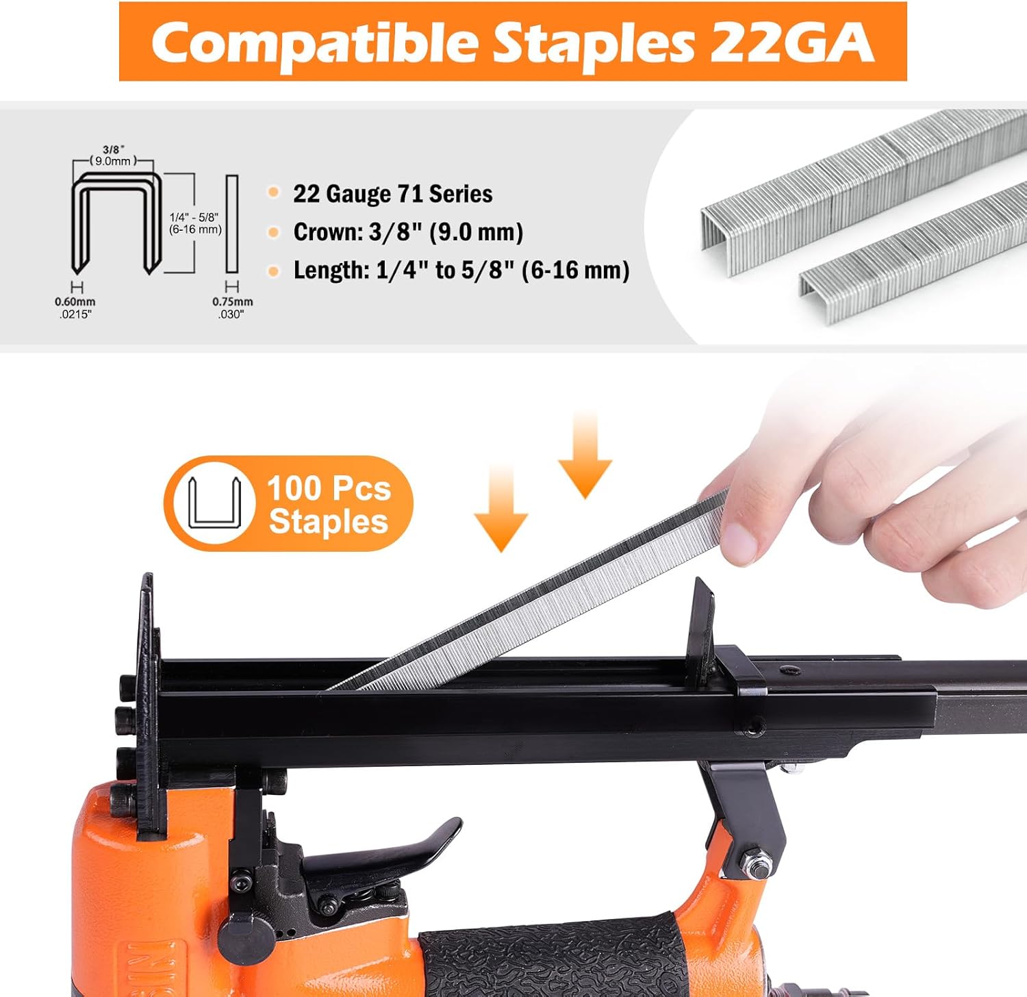 KN7116S 22 Gauge Pneumatic Upholstery Continuous Firing Stapler, Fits 71 Series 3/8" Crown (9.1mm) Staples, Air Staple Gun Power Fine Wire Stapler for Furniture, Decoration
