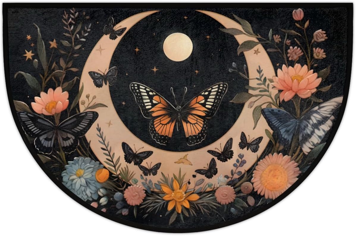 Half Round Door Mat,Art Moon Butterfly Flower Non Slip Absorbent Entrance Doormat,Welcome Mat for Front Door,Low-Profile Semi Circle Floor Mats Area Rugs for Home Kitchen Garage Patio,36" x 24"