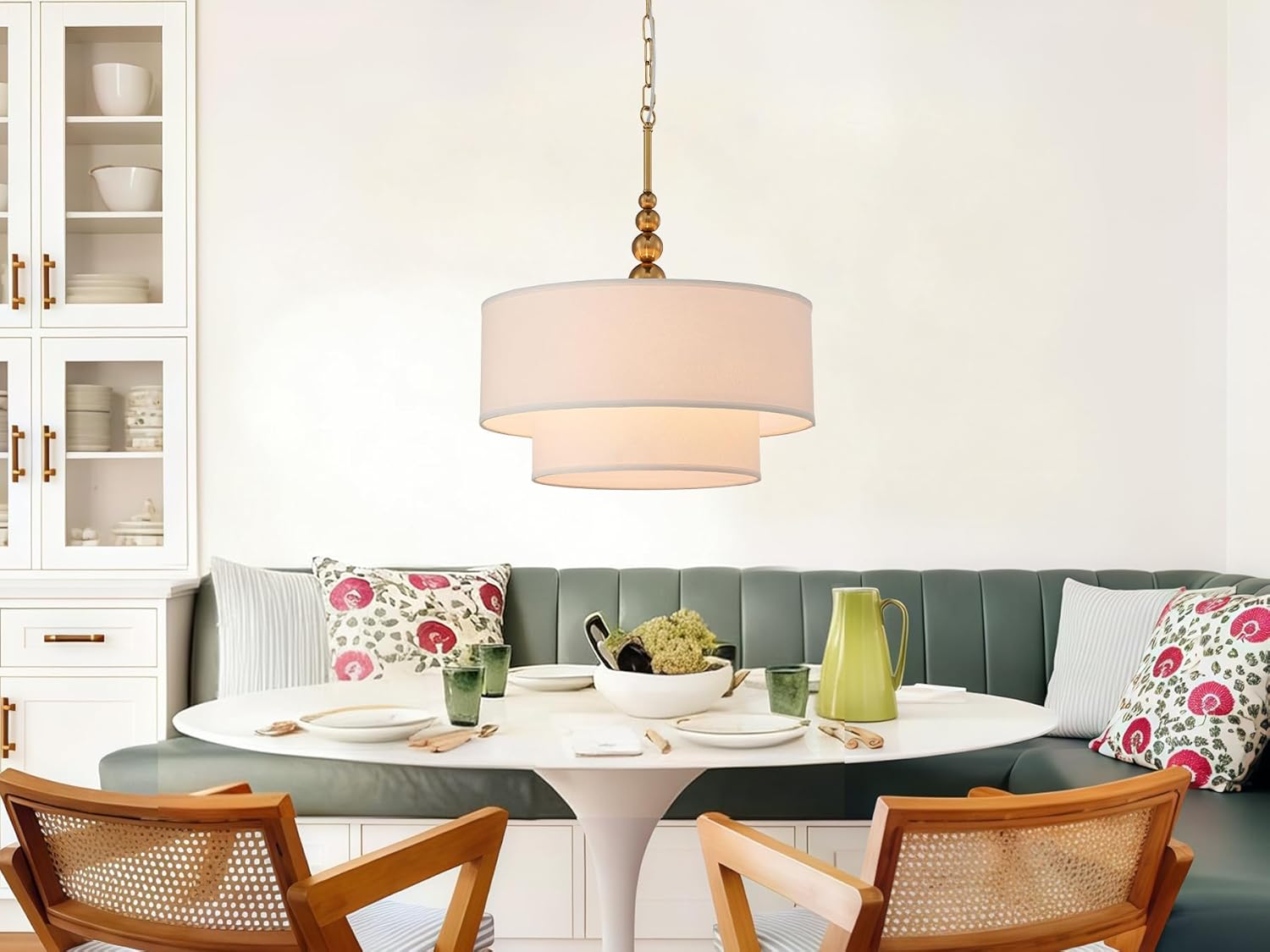 Shrine Lighting White Double Drum Chandelier, Dining Room Design, Drum Pendant Lights for Dining Room, D20'' x H10'', Adjustable Chains 55'', E12*4 Sockets, White Linen Fabric Lampshade & Gold Rod