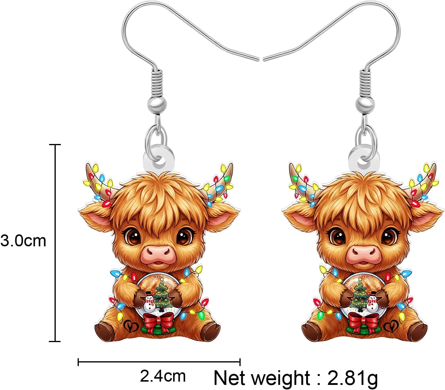 NEWEI Acrylic Cute Christmas Highland Cow Dangle Earrings Scottish Holiday Gifts for Women, Novelty Xmas Farm Animal Cattle with String Lights Winter Jewelry Accessories - Image 5