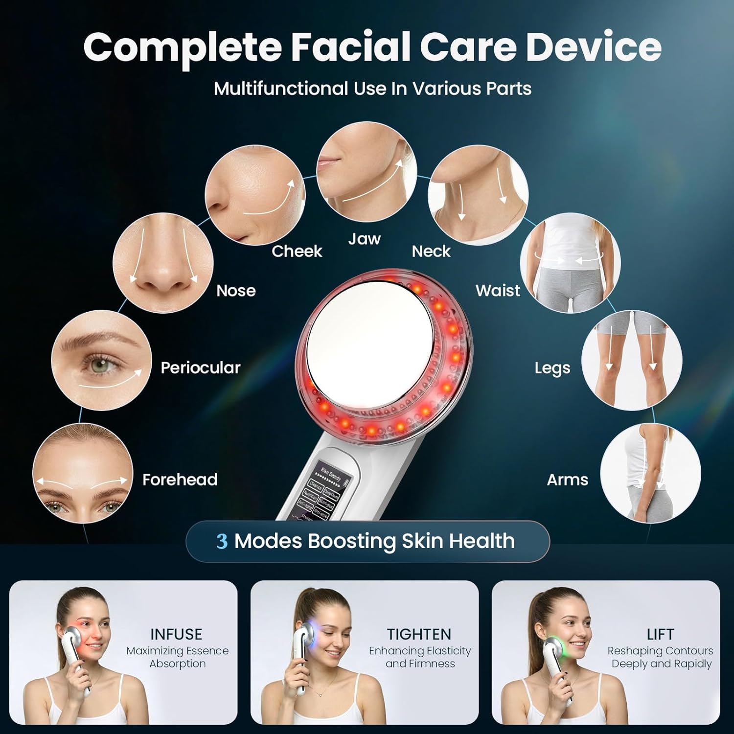 Rika LED facial massager. Photo LED light therapy Facial Massager, Light Therapy Device for Acne, Vibration Skin Firming Care