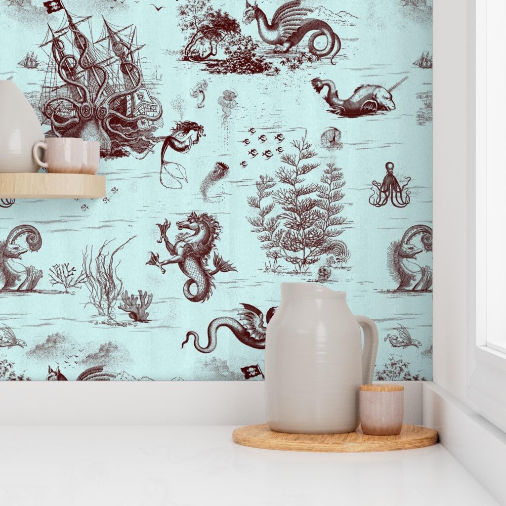Removable Wallpaper 6ft x 2ft - Nautical Toile De Jouy Light Blue Steampunk Fantasy Sea Ocean Octopus Custom Pre-Pasted Wallpaper by Spoonflower