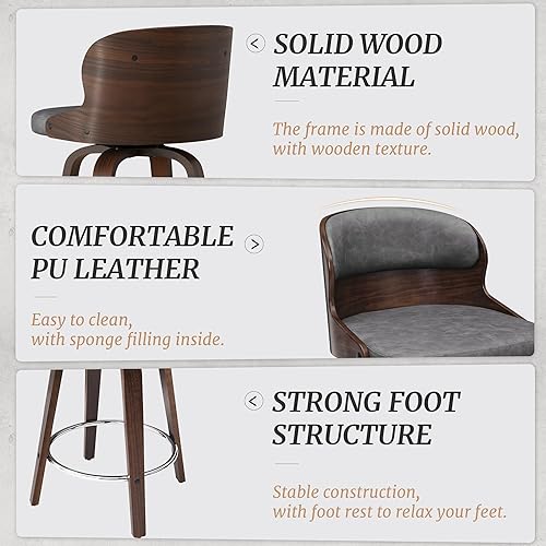Miniatura 5 de Taburetes de bar giratorios, taburetes de bar modernos de mediados de siglo, sillas de bar de 26 pulgadas con respaldo sólido, acabado de nogal y