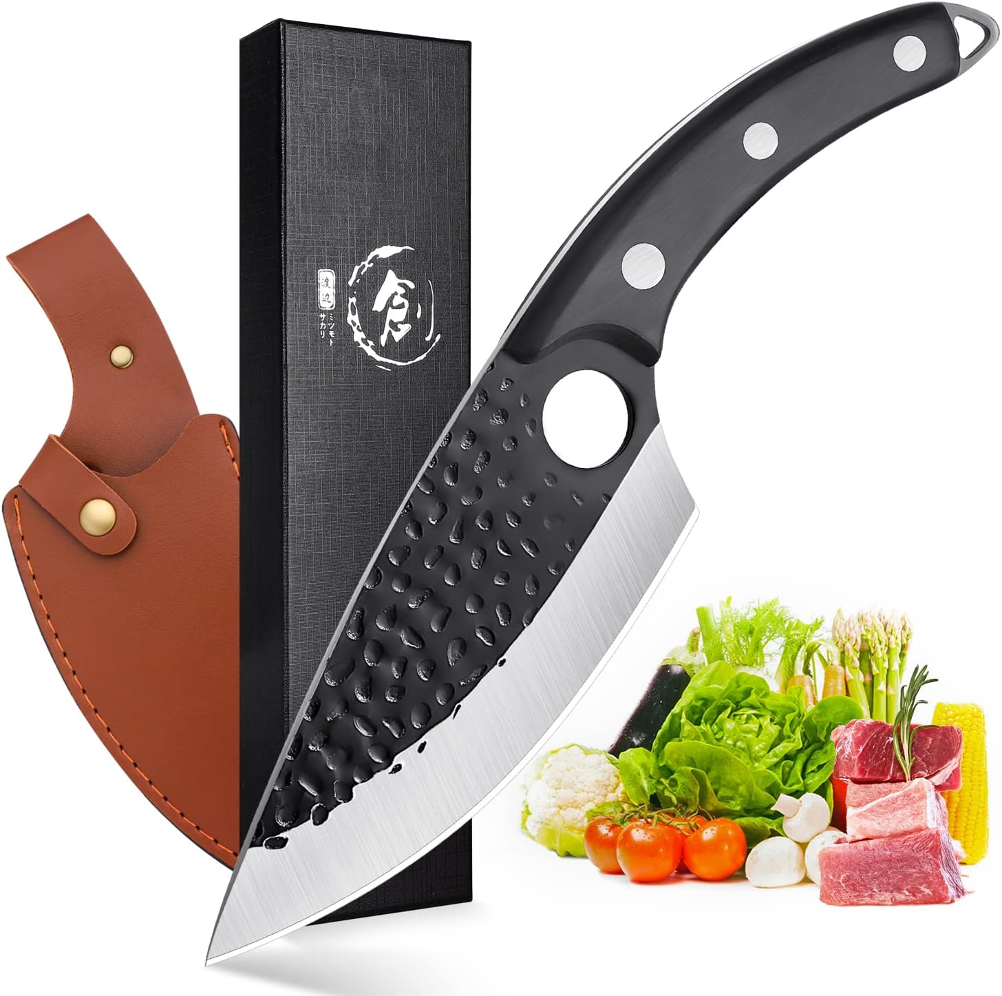 Huusk Viking Knife, Japan Kitchen Huusk Knife Full Tang Butcher Boning Knives High Carbon Steel Meat Cleaver Japan knives Caveman Knives with Sheath for Meat Cutting, Home or Camping