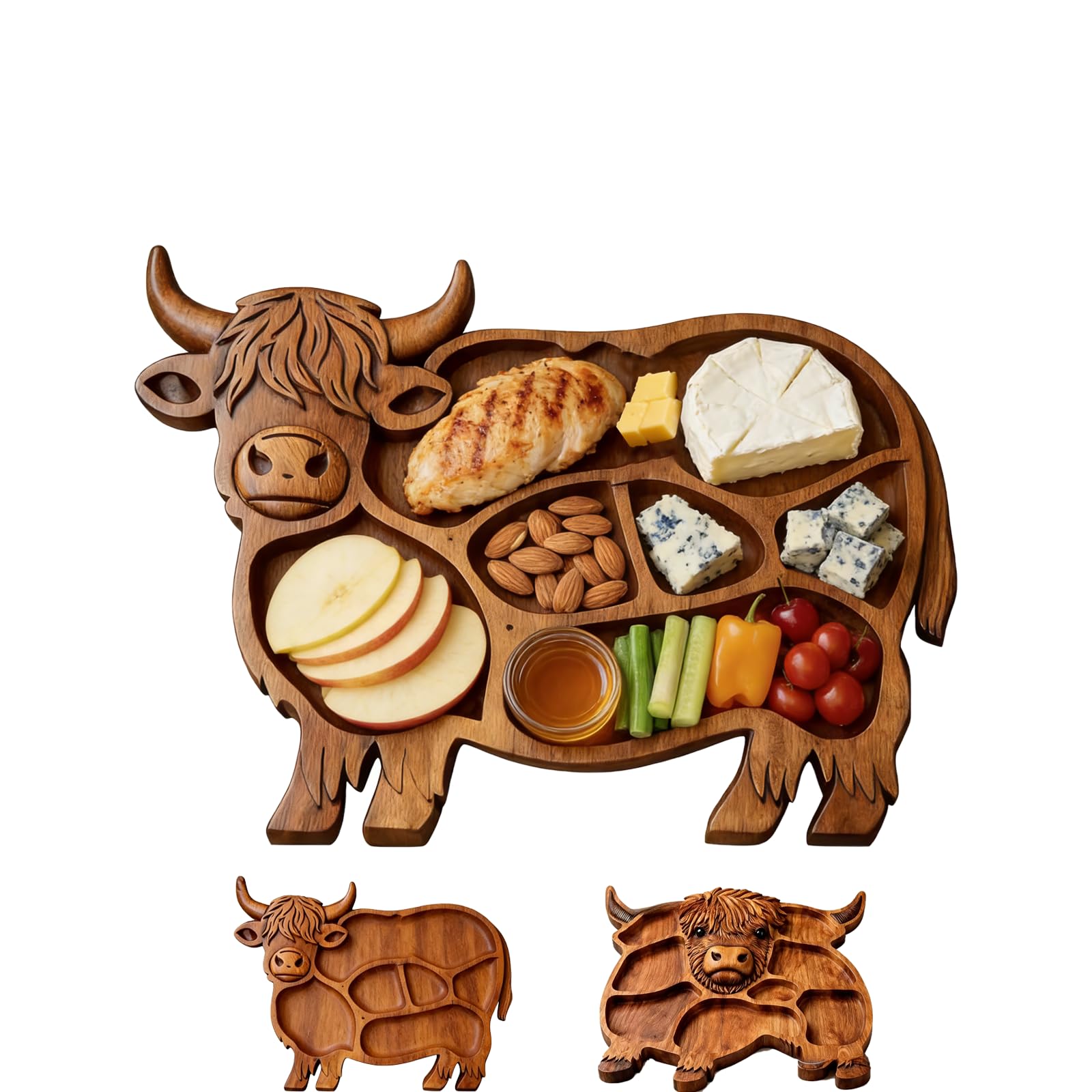 Qliminyon Brown-1 Highland Cow Wooden Charcuterie Board Snack Tray With Compartments For Cheese, Bread, Snacks, Fruits, Nuts, Meat (Brown-1)