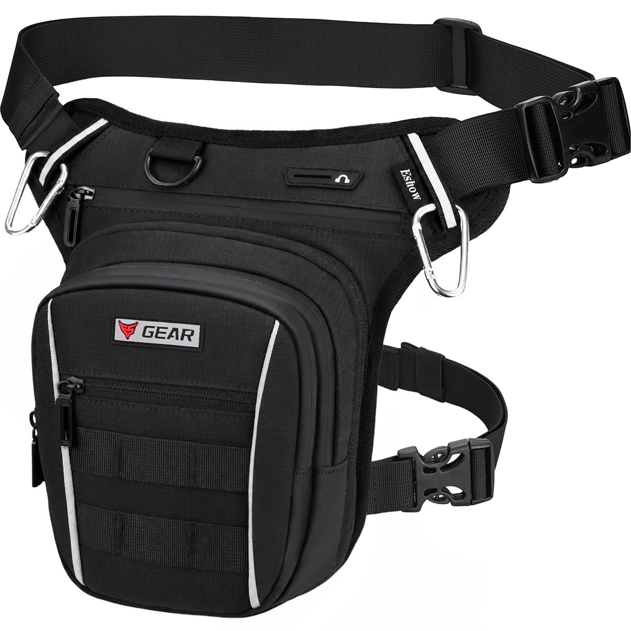 Eshow Beintasche Motorrad für Herren Damen, Oberschenkeltasche Gürteltasche Erweiterbare Stauraum, Bauchtasche Reflexstreifen Verstellbarer Beinriemen mit 2 Karabiner für Wandern Radfahren Schwarz