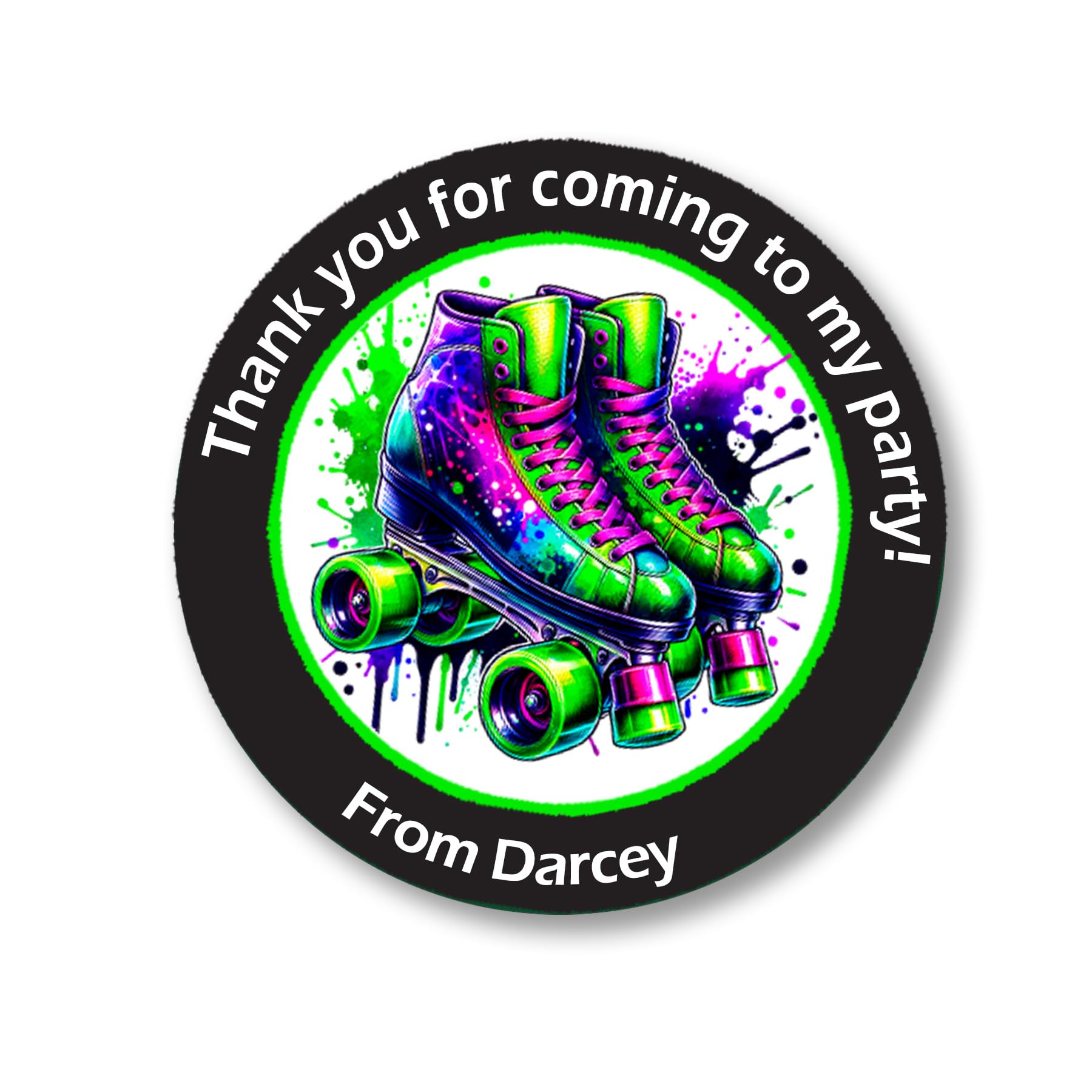 Treasured Forever Limited Black Personalised Rollerskate Party Stickers X 35 (37Mm) Round Labels For Party Bags, Favours Or Sweet Cones – Rollerskating Themed Birthday Decoration - 35 Rollerskating Stickers