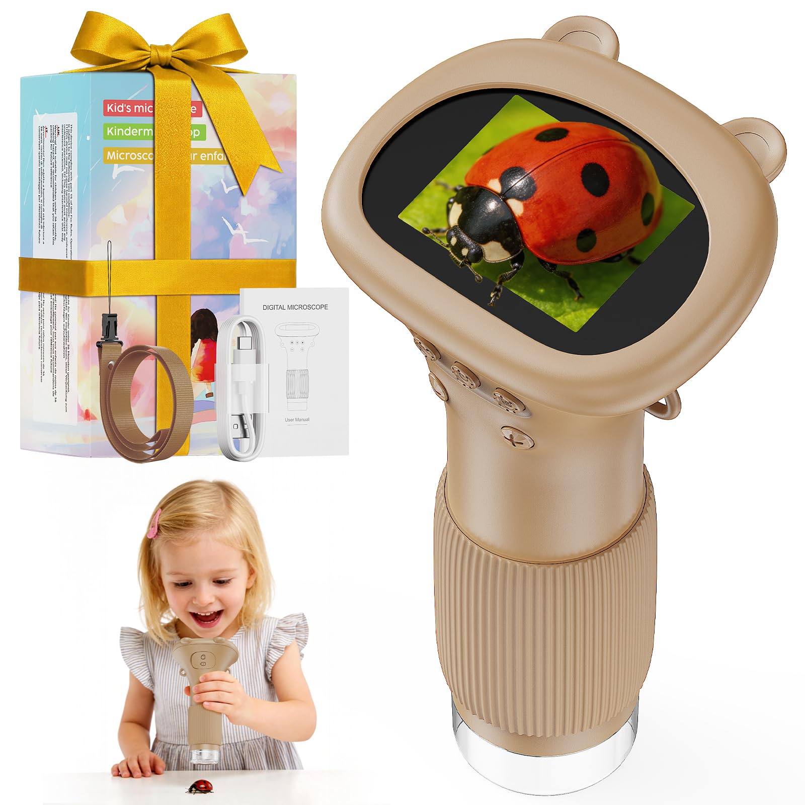 Microscopio Bambini Portable Zoom 1000X - Microscopio Digitale Mini Ricaricabile, Microscopi con Definizione 8 Luci LED Regolabili, Bambini Giocattolo Educativo, Regalo di Natale(Marrone)