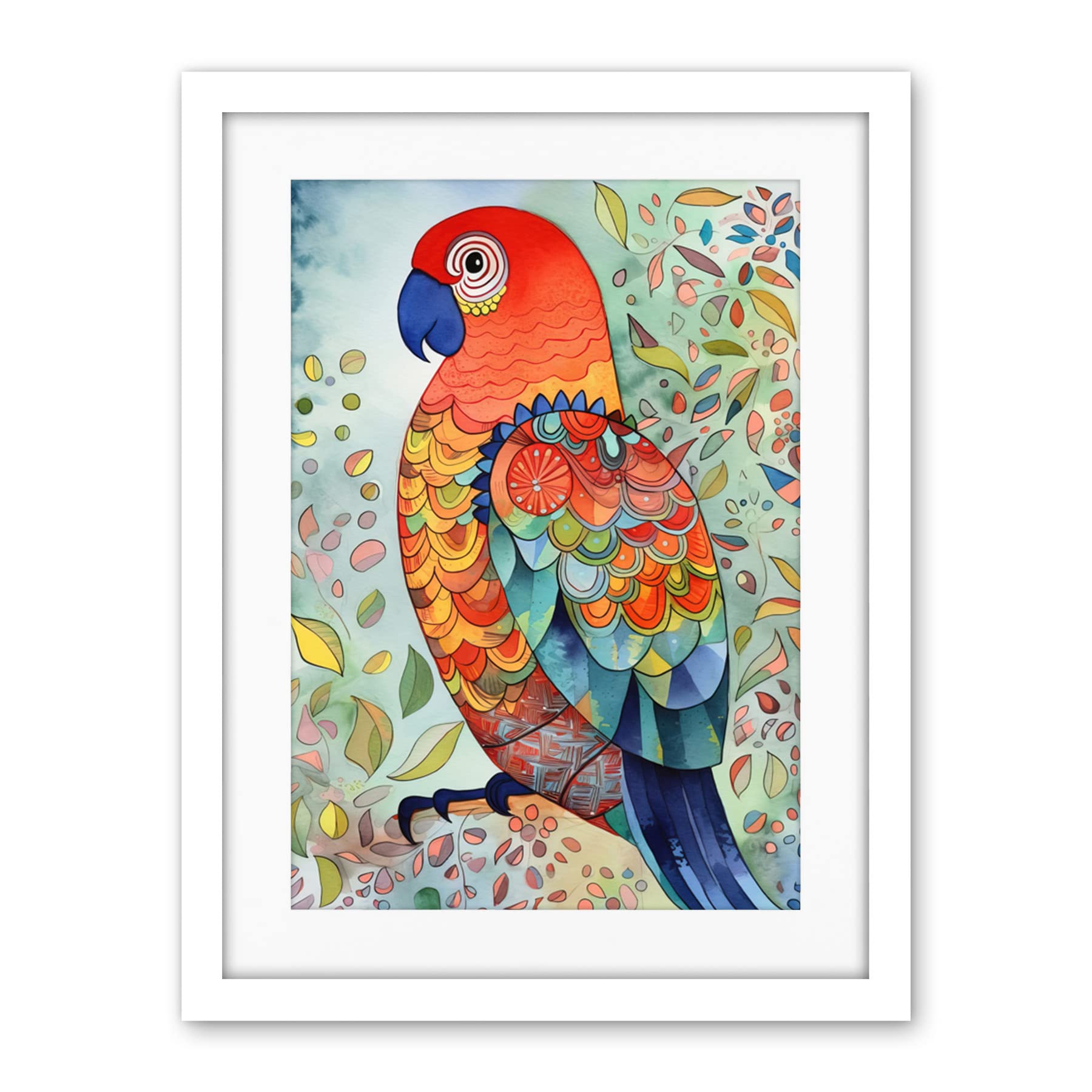 Artery8 Parrot Bird Portrait Folk Art Watercolour Painting Artwork Framed Wall Art Print 18X24 Inch
