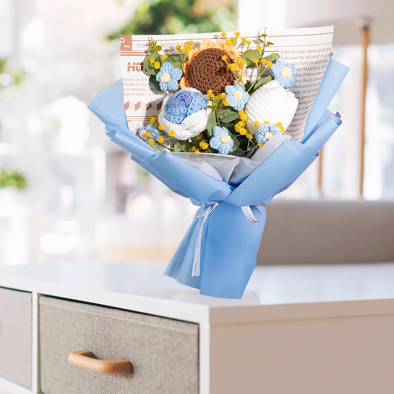 Handgemaakte Gebreide Gehaakte Bloemboeket, Handgemaakte Rozenbloemen, Nep-zonnebloem Roos Madeliefje met Groene Bladeren voor Huwelijksverjaardagen Valentijnsdag Geschenken DIY