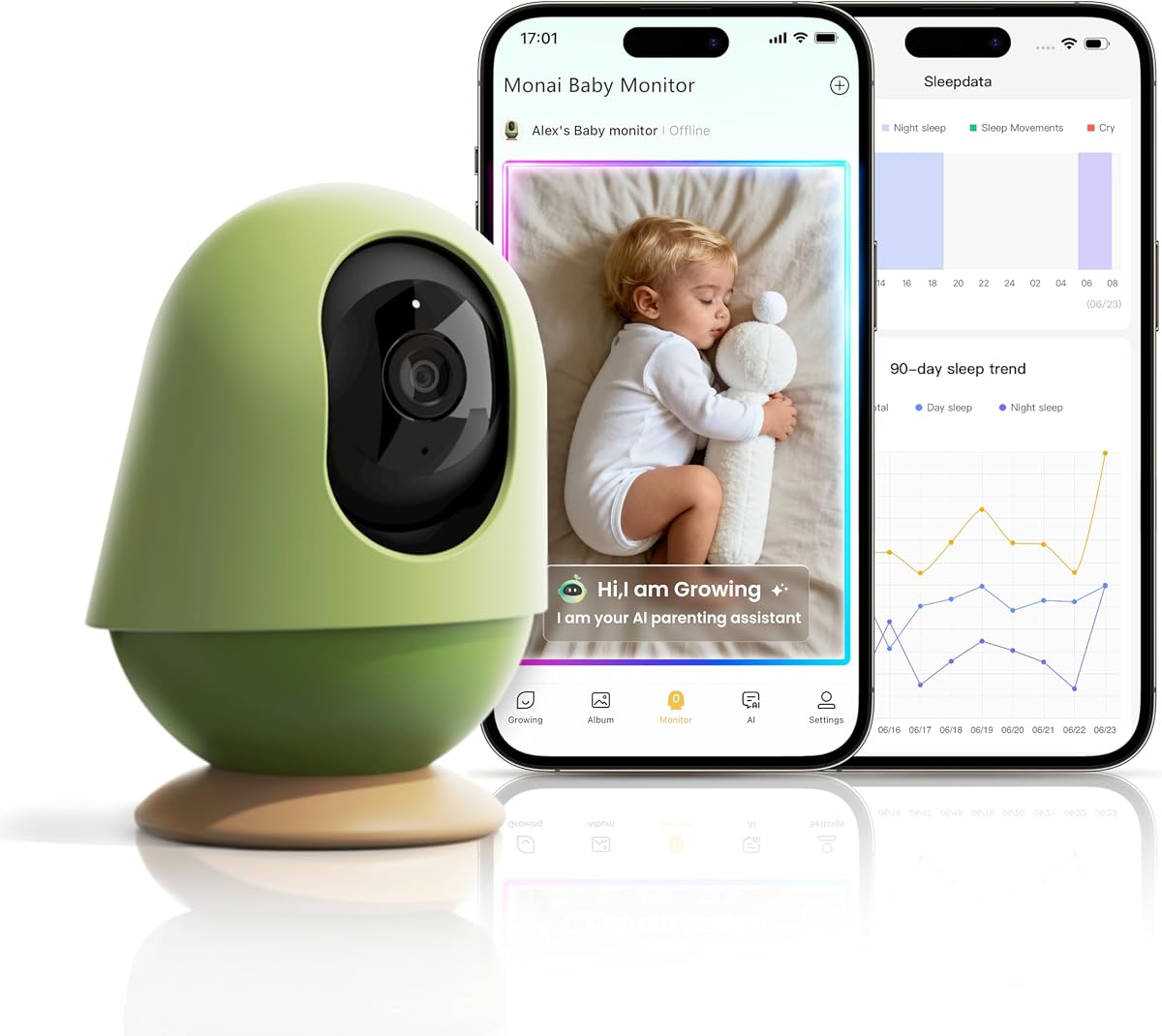 Monitor de bebé Monai con cámara y audio, 3K UHD, zoom 6X, monitor de vídeo WiFi para habitación o viaje, giro de 350°, inclinación de 65°, detección de llanto por IA, valla virtual, alertas de cubierta facial, monitoreo del sueño, visión nocturna