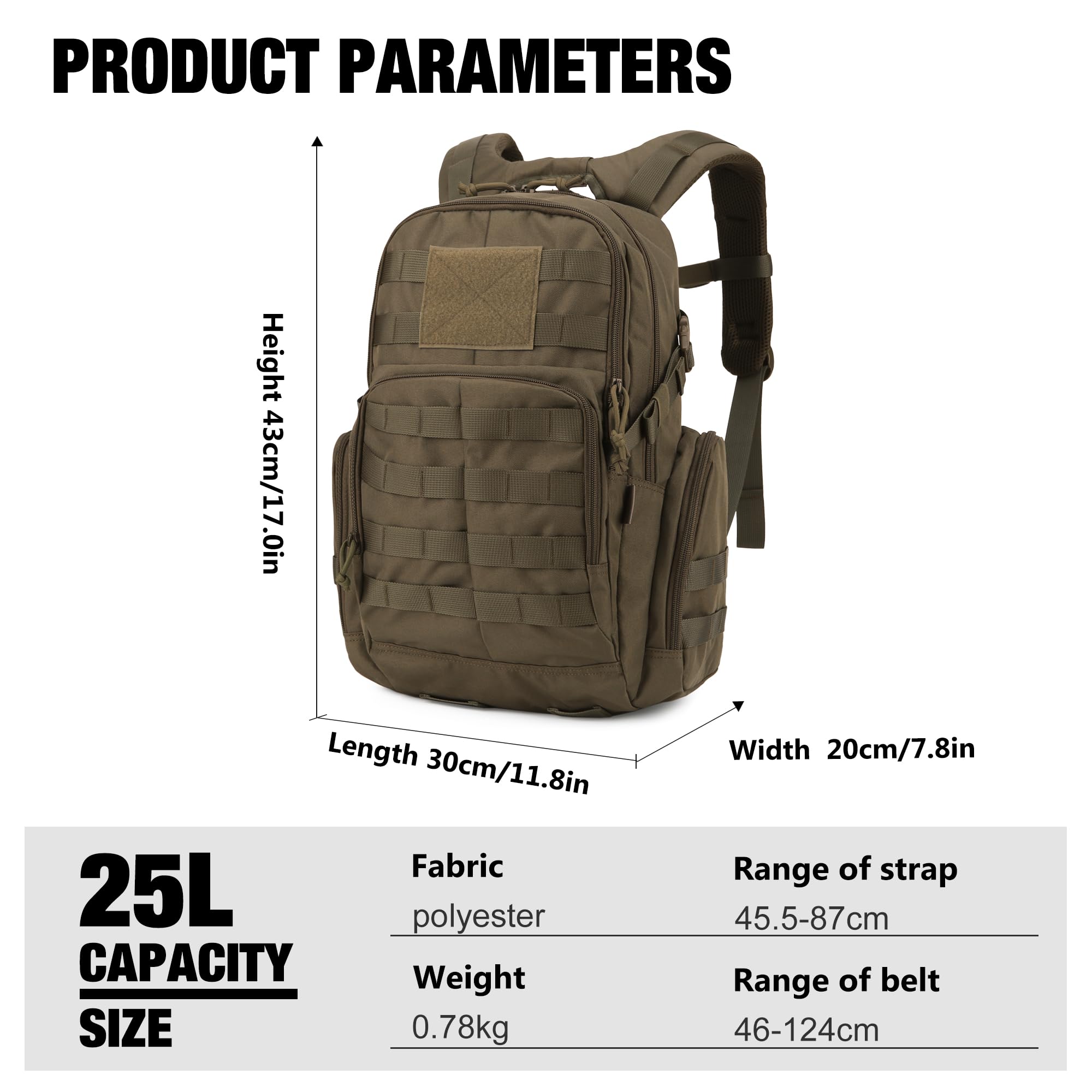 Mardingtop plecak taktyczny z systemem Molle, 25 l / 40 l, plecak wojskowy dla dorosłych, szturmowy plecak trekkingowy, na zewnątrz, na wędrówki, kemping, polowanie, podróż New Khaki-25l 25L
