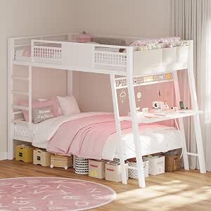 Bunk Bed for Small Space, Twin Over Twin with Desk, RGB LED Lights, Storage, Metal Frame, Safety Guardrails, Ladders (White)