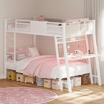 HAUOMS Bunk Bed for Small Space, Twin Over Twin Bunk Beds with Desk, Power Outlets, RGB LED Lights, Storage, Metal Beds with Safety Guardrail & Ladders, No Box Spring Needed White, Twin