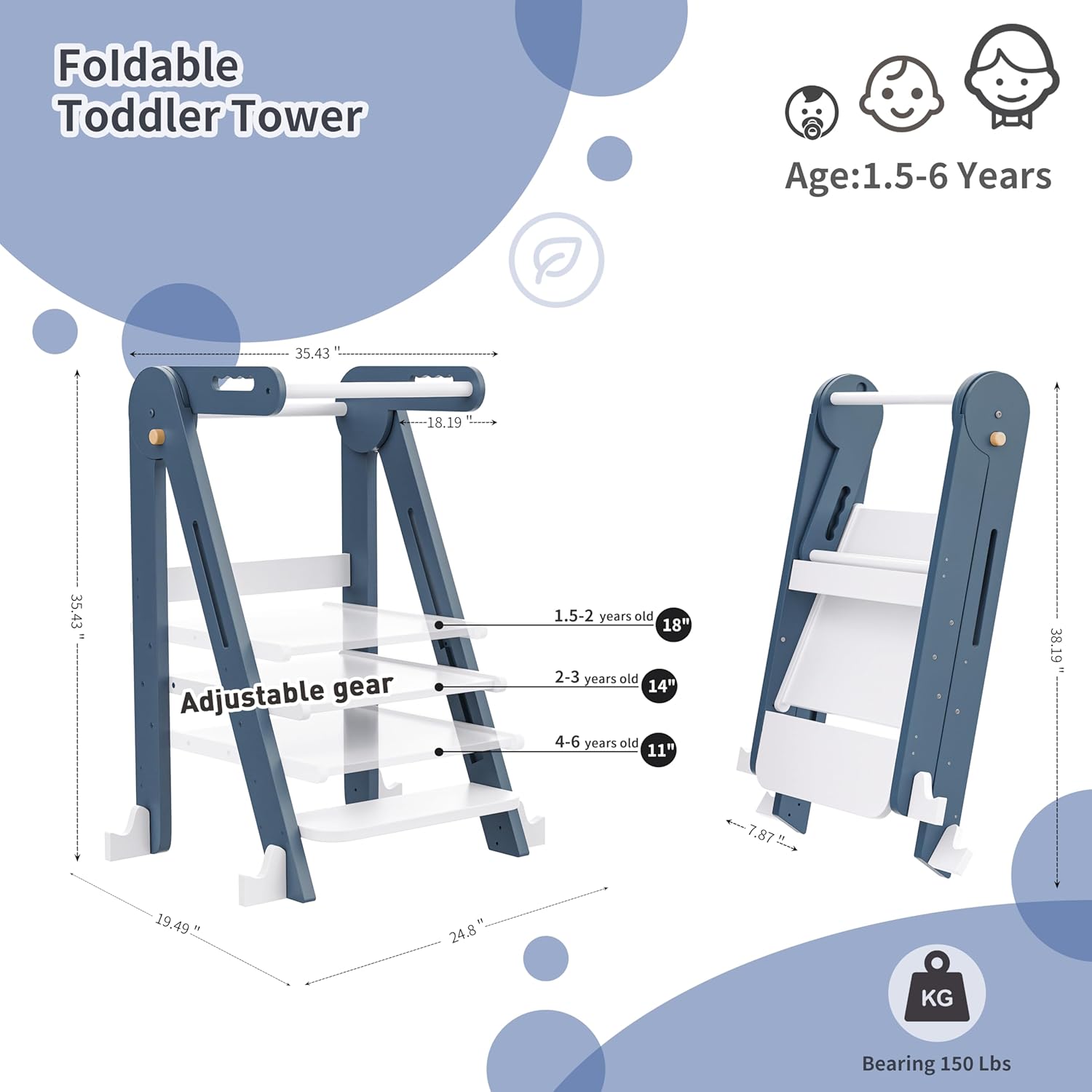 Kids Kitchen Step Stool, Foldable Toddler Tower, Height Adjustable Toddler Standing Tower with Safty Rail and Anti-Slip Device, Wooden Stool for 1.5-6 Years(Sky Blue White)