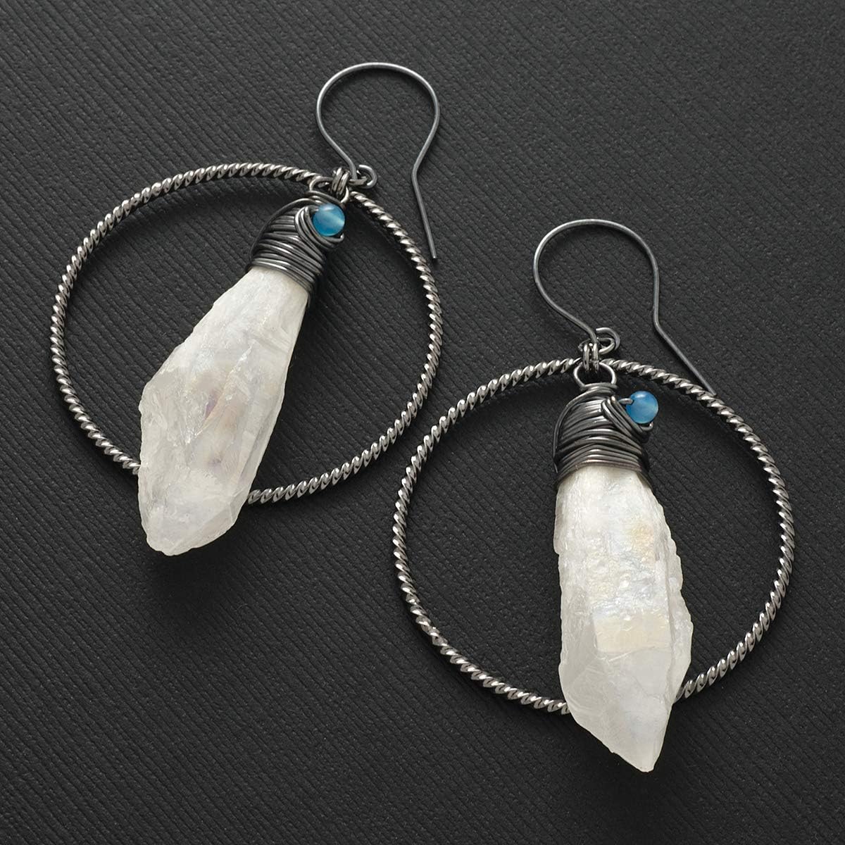 Raw White Angel Aura Quartz Crystal Oxidized Silver Hooks Earrings 2.6 Inches