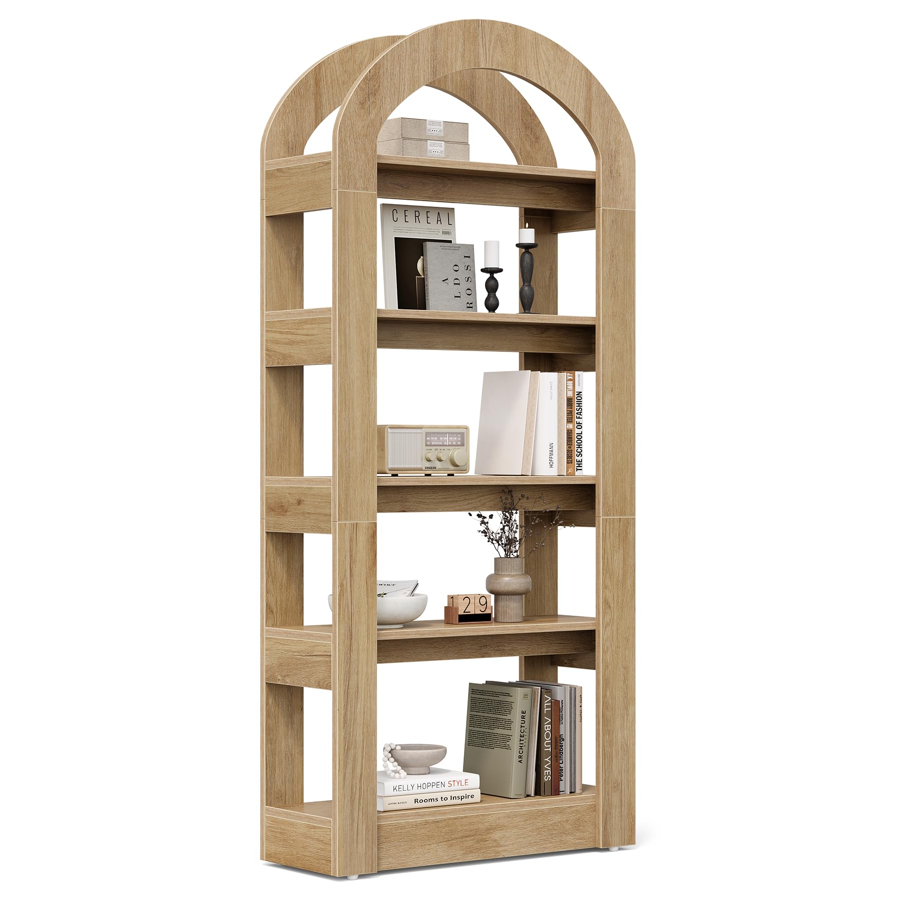 LITTLE TREE 5-Tier Bookshelf, Arch-Shaped Racks, Tall Standing Wooden Bookcase Display Shelf Modern Storage Solution (1, Teak Color) (Damaged Box)