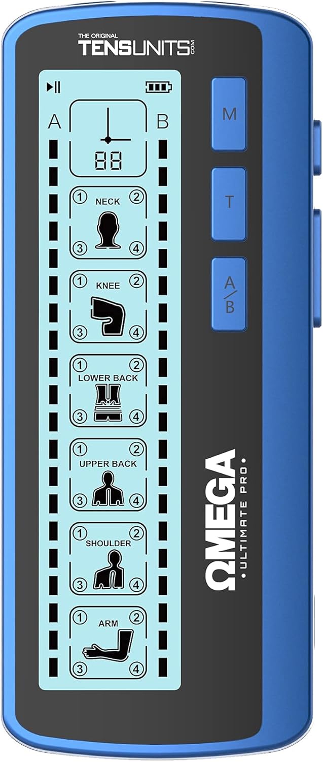 OMEGA Ultimate TENS Unit Muscle Stimulator Combo Unit, 24 Modes for Pain and Muscle Relief, Rechargeable Pulse Massager with Electrodes Pads