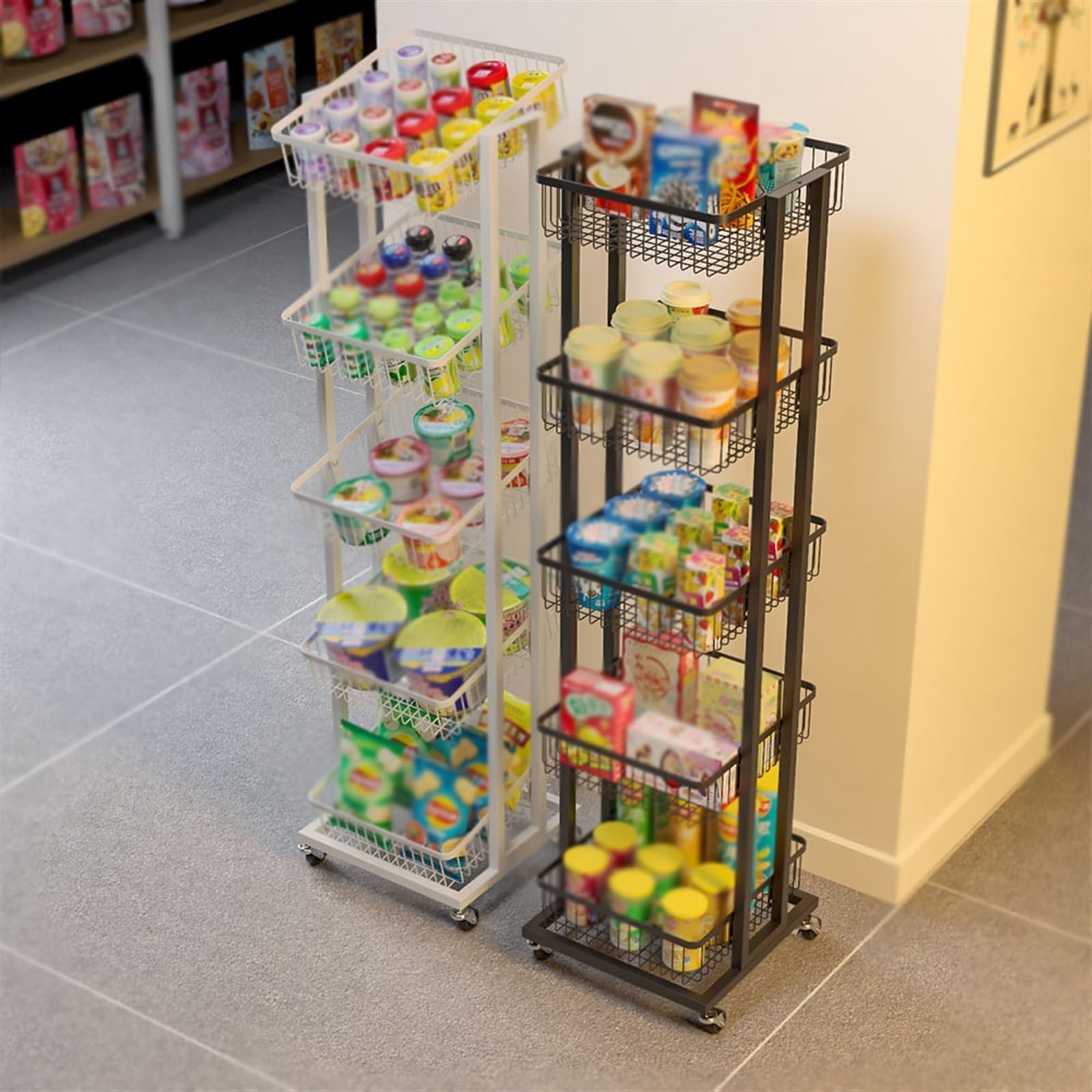 Carrito organizador de aperitivos de 5 niveles, cesta ajustable con ruedas para frutas, verduras y bebidas para supermercado, estante metálico rodante para almacenamiento de alimentos ( Color : Black