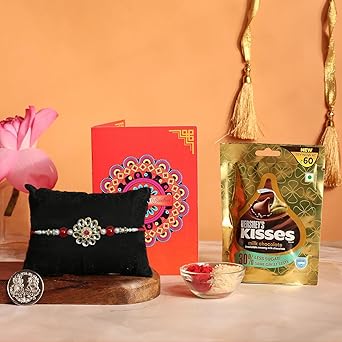 Frostick Designer Rakhi With Branded Chocolate For Bhaiya/Bhai/Brother With Greeting Card, Tilak Chawal And Silver coin (Hershey's kisses) (Random Design Rakhi),150 G - image, photos