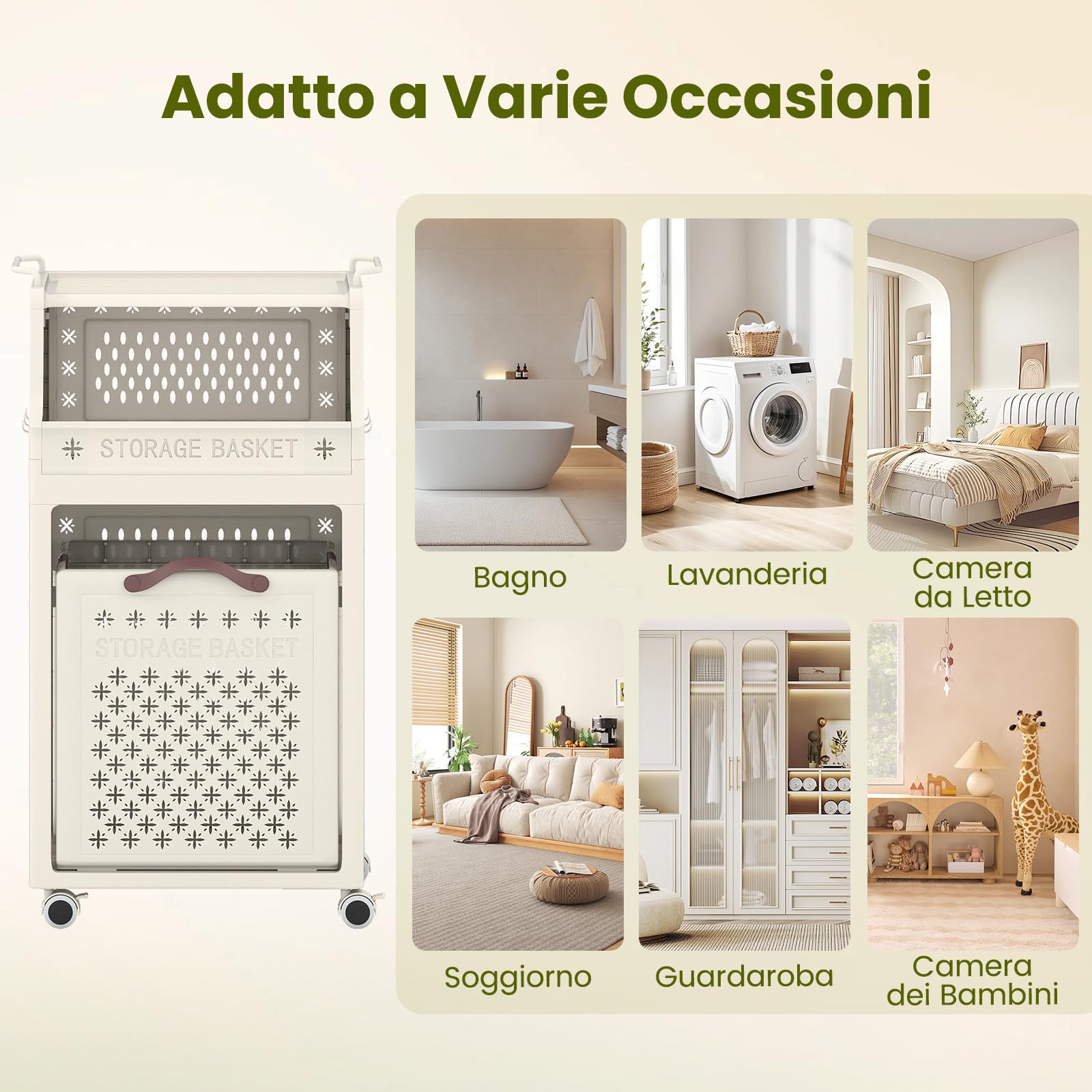 COSTWAY Cesto Portabiancheria Pieghevole con Ruote | Carrello Organizzatore per Bagno con Contenitore di Stoccaggio e Ganci, in Plastica a Più Strati