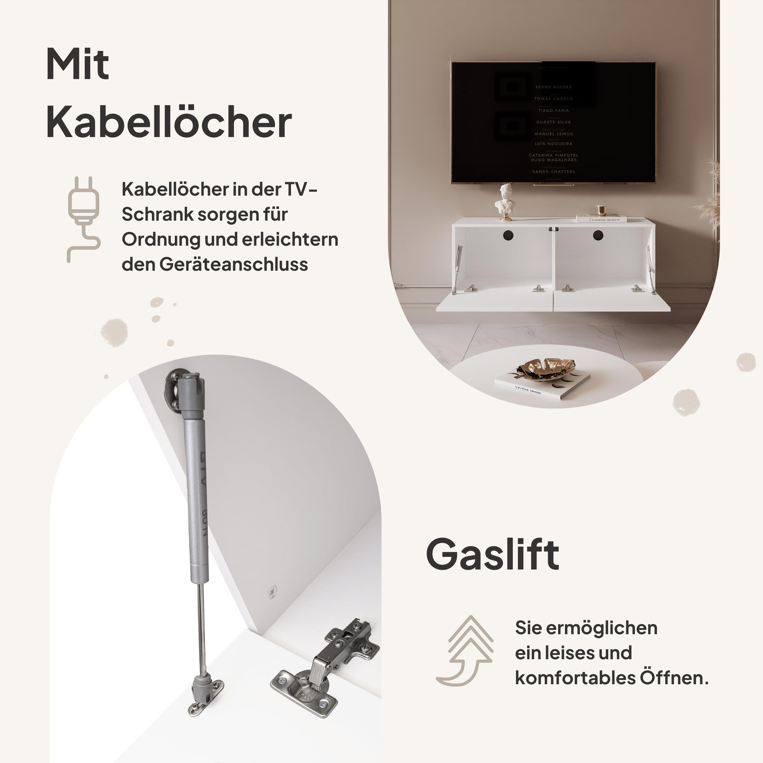 100 cm TV Lowboard Weiß Hochglanz 100cm mit 2 Praktischen Großen Fächern und LED Beleuchtung - TV Board Hängend Passend Für Stilvolle Wohnräume
