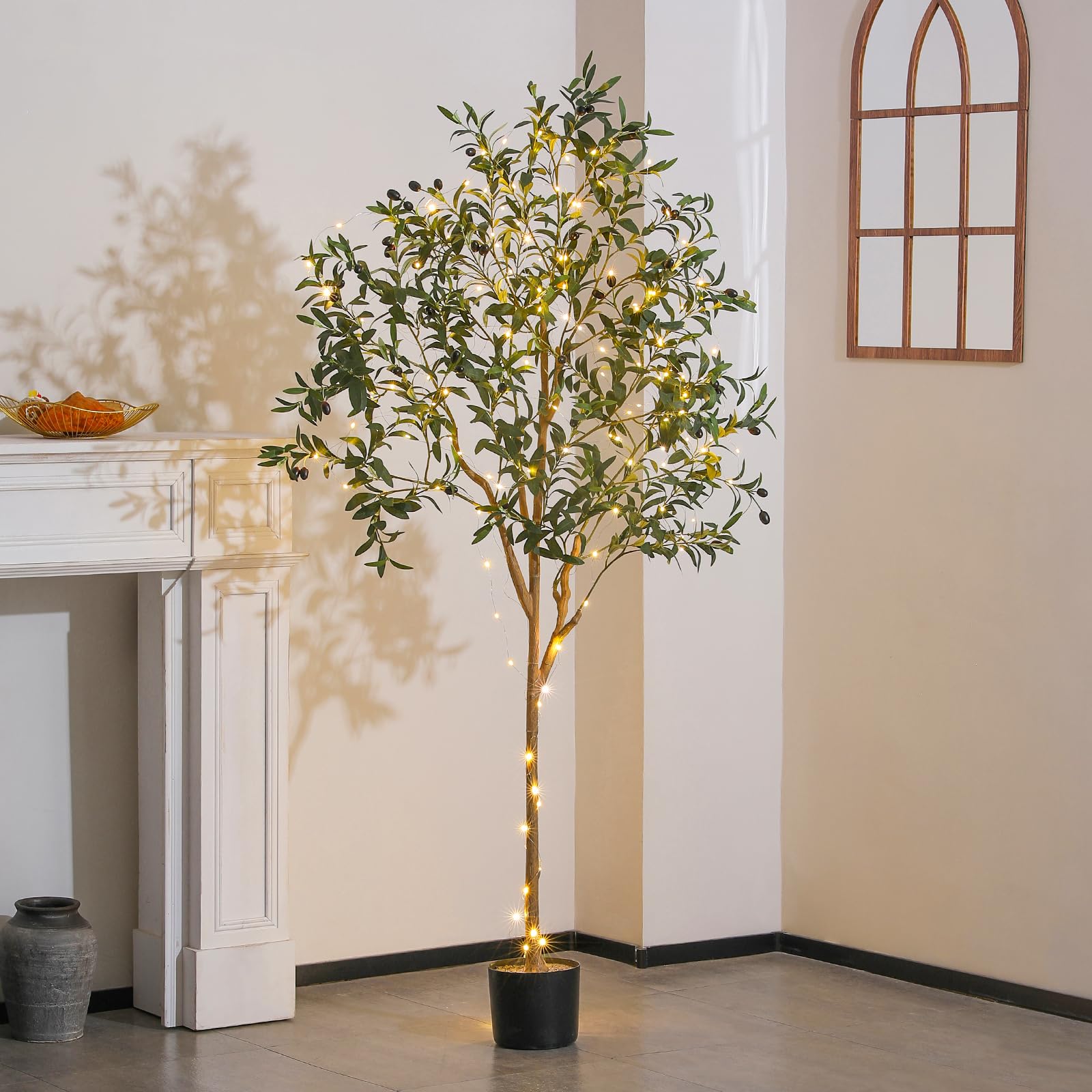 6FT Artificial Olive Tree, Fake Olive Tree 6 ft Faux Silk Tree Potted Large Faux Olive Branches & Fruits Artificial Tree with Warm LED Light String for Modern Home Office Indoor Decor