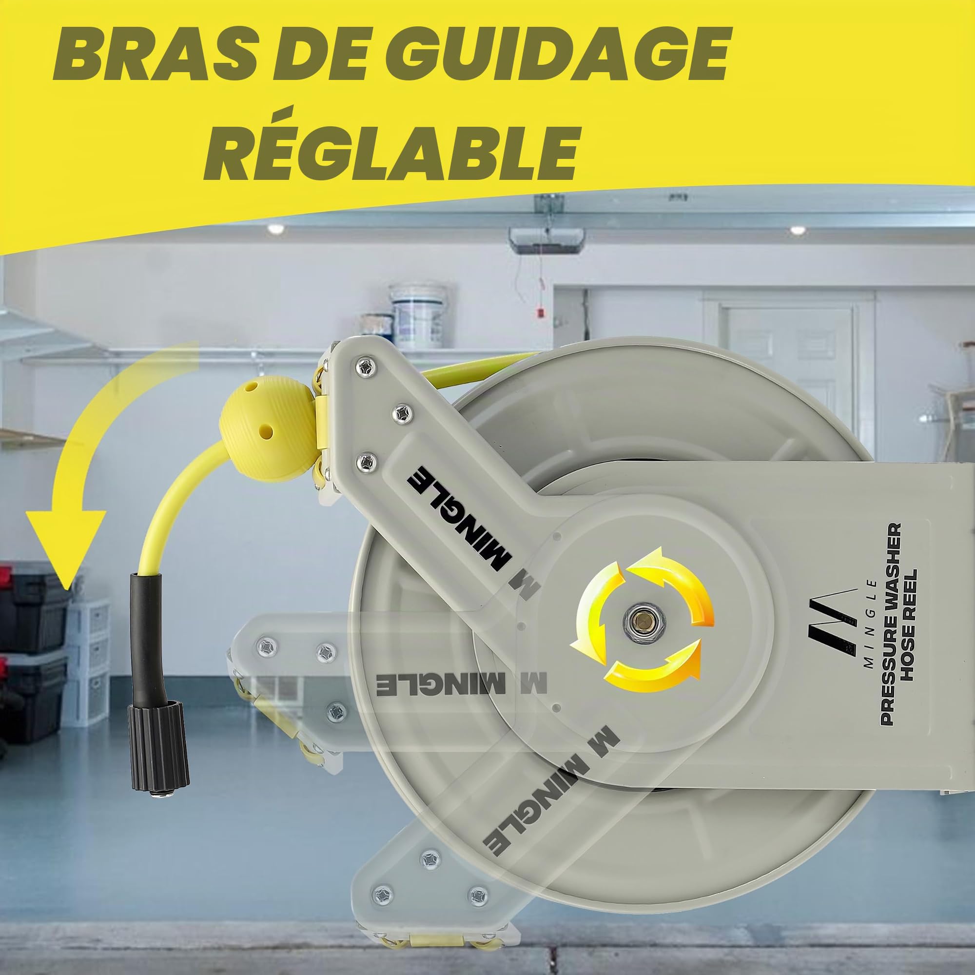 M MINGLE Enrouleur de Tuyau Rétractable pour Nettoyeur Haute Pression, Compatible avec les Séries Karcher K2, K3, K4, K5, K6, K7, 1/4" (6,35 mm) × 18 m, Montage Murale, 250 bar (3600 PSI)
