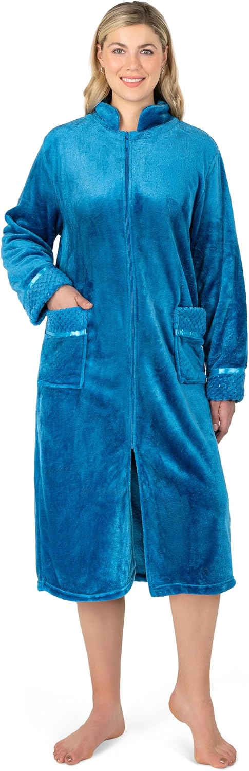 Blue Microfiber Fleece Long Sleeve Zip Robe with Pockets
