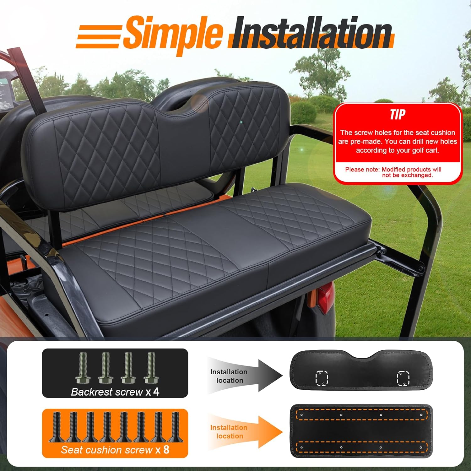 Golf Cart Rear Seat Replacement Cushion, Fits Club Car EZGO YAMAHA Rear Seat, Universal Golf Cart Back Seat Cushions Assembly- Includes Soft Seat Cushion and Back Cushion Set, Black