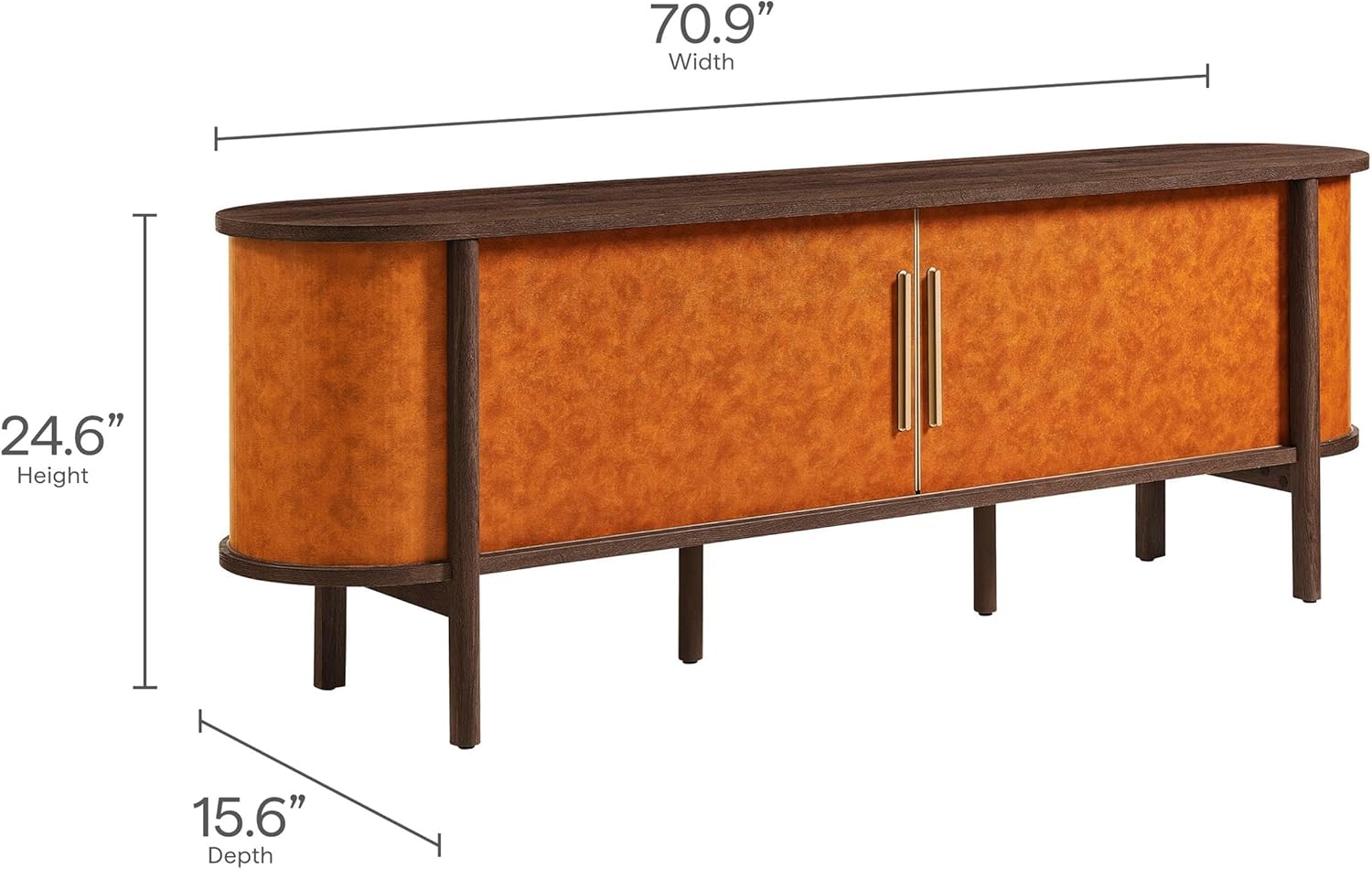 Modway Coralie 71 Inch Oval Leather TV Stand in Walnut Tan – Vintage Mid Century Modern Entertainment Center with Sliding Doors – Low-Profile Media Console