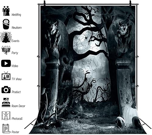 Miniatura 2 de Renaiss Telón de fondo de Halloween de 10 x 15 pies para sesión de fotos, retratos de niños y adultos, telarañas, estatuas espeluznantes de