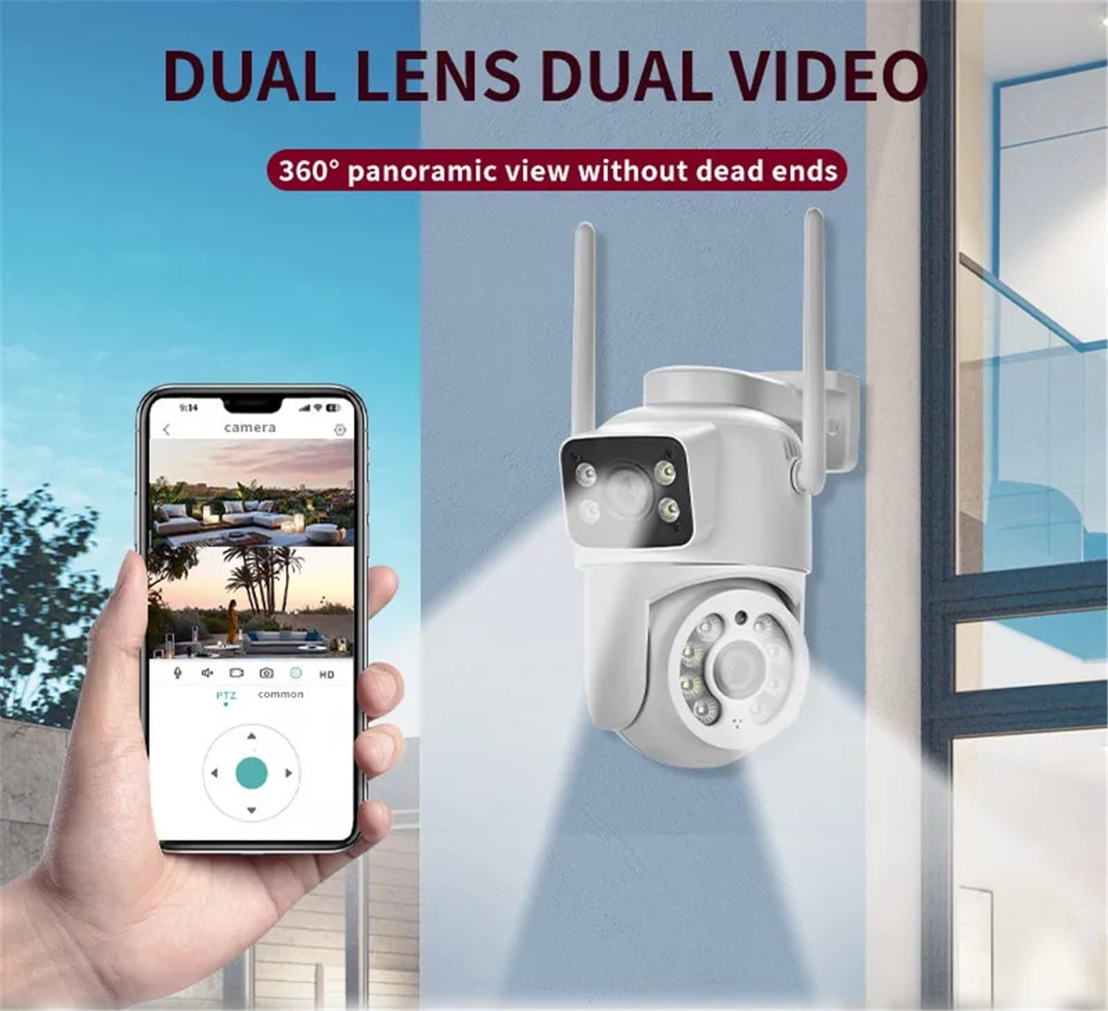 Telecamera di sorveglianza Esterna Wireless PTZ con Doppio Schermo e Doppio Obiettivo da 4 MP, rilevamento Automatico dell'uomo e Wi-Fi(No Card)