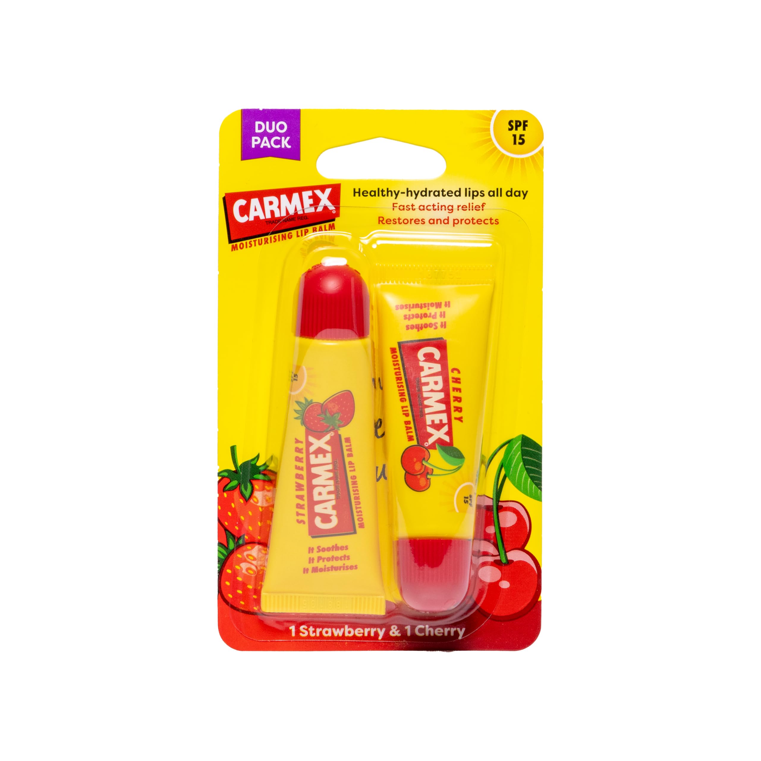 Carmex Lip Balm Tube Set, Cherry & Strawberry, 1 count (Pack of 2)