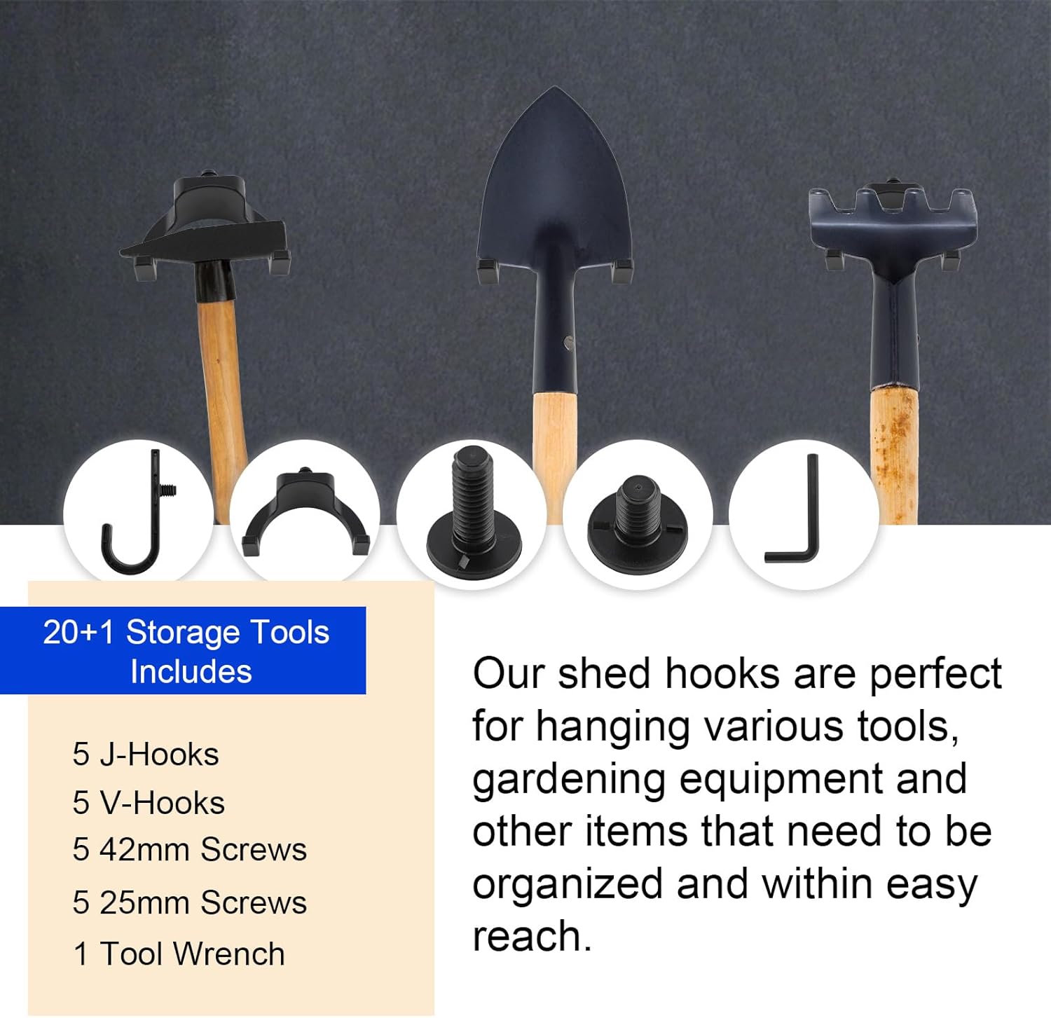 BOXOB 21 Pcs Shed Storage Hooks, Black Single-Head J/U Tool Hanger with Screws Wrench Compatible with Suncast Craftsman for Hanging Storage Shed Shelves Accessories Parts