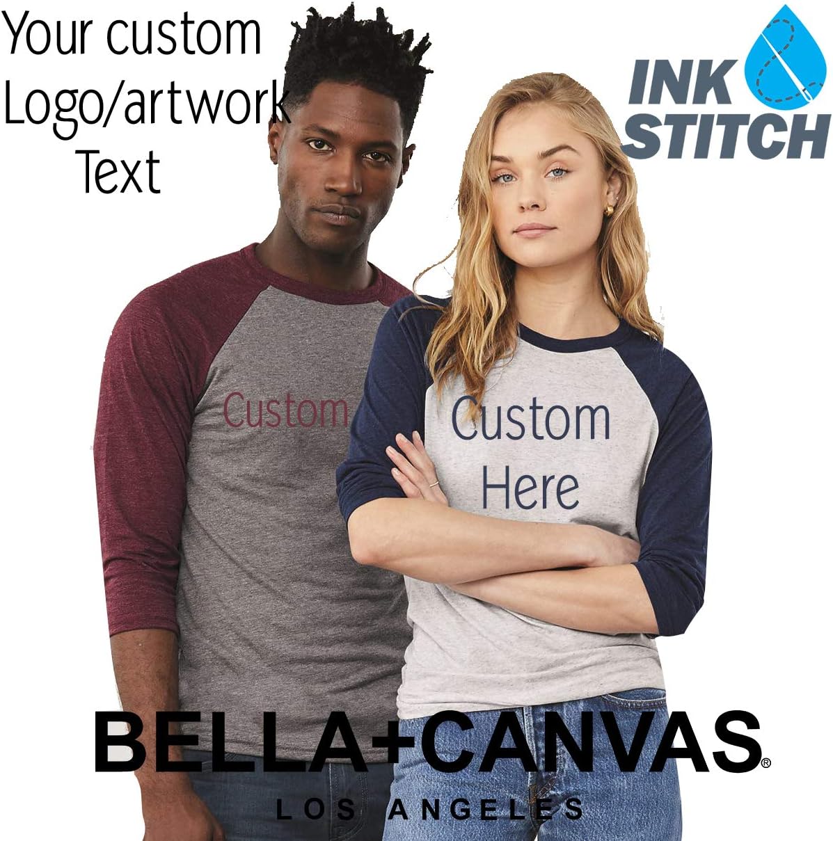 INK STITCH Custom Unisex Deisgn Your Own 3/4 Sleeve Baseball Tshirts Tees - Image 2
