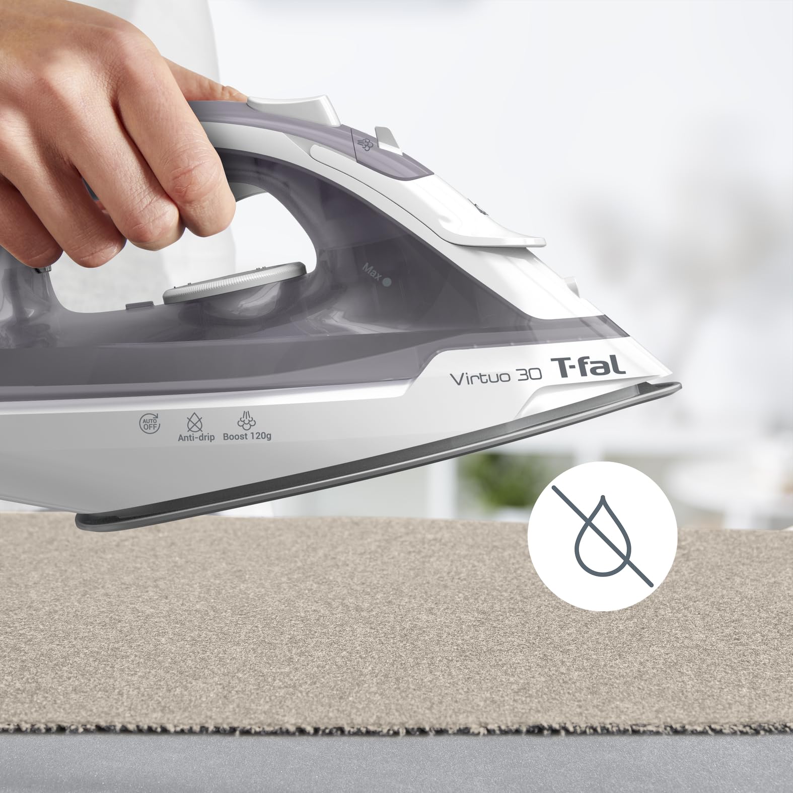 T-fal Virtuo FV2C80U0 - Plancha de vapor con cable retráctil y apagado automático, suela de cerámica XL, color gris