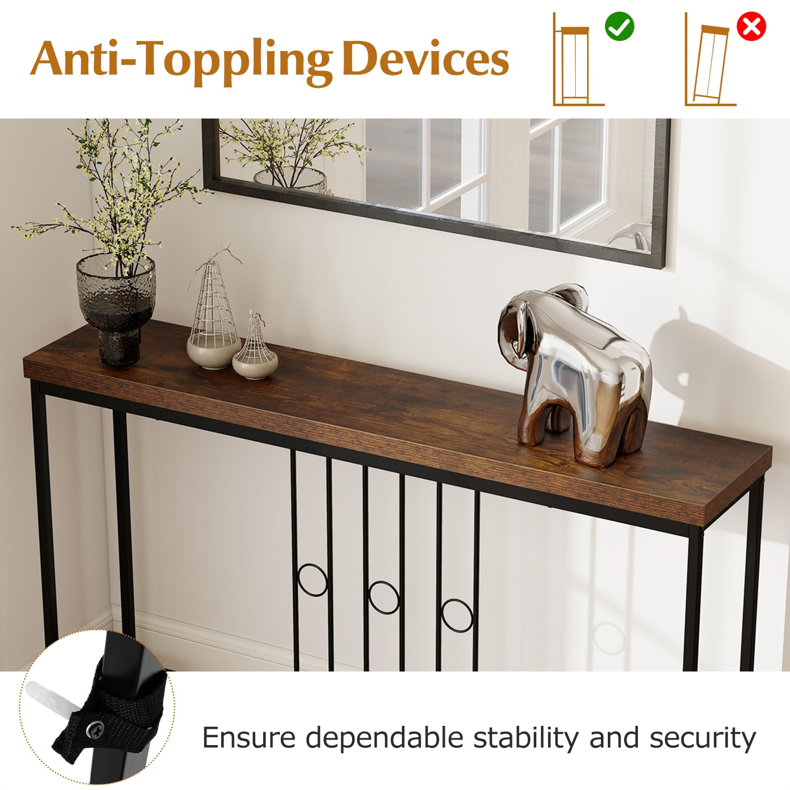 LIFEZEAL Consolle Ingresso, 140x30x81cm, Tavolo Consolle, Industriale, Lungo, Salvasapzio, in Legno e Metallo, con Decorazioni a Linee e Anelli, Console Dietro Divano, Entrata, Corridoio, Marrone