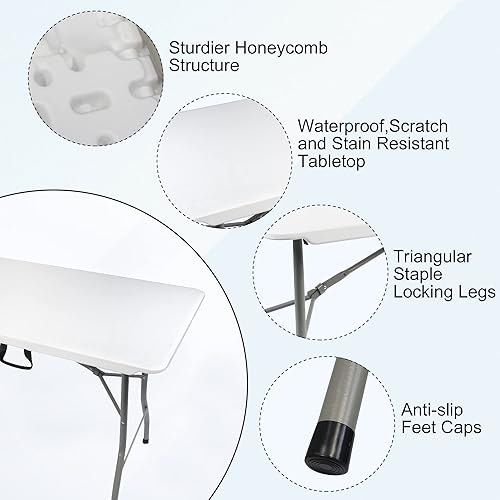 Miniatura 8 de Koreyosh Mesa portátil plegable blanca de 6 pies mesa plegable de 71 pulgadas con mango y patas de acero para cocina picnic fiesta comedor camping