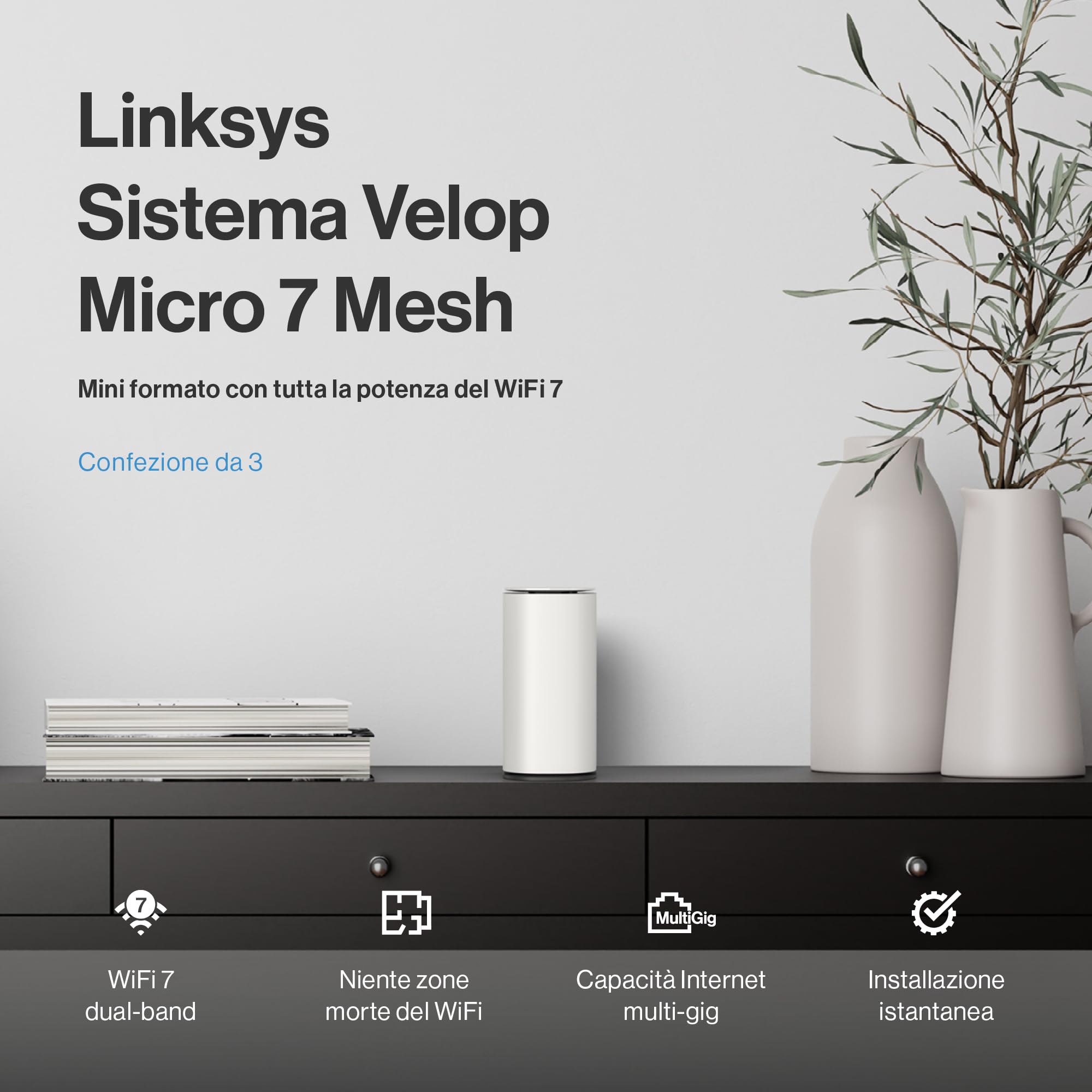Sistema mesh Linksys Velop Micro 7 | Dual-band con velocità WiFi BE5000 | Copertura fino a 200 m2 per nodo | Ethernet 2,5 Gbps | 1,8 volte più veloce del WiFi 6 | Confezione da 3